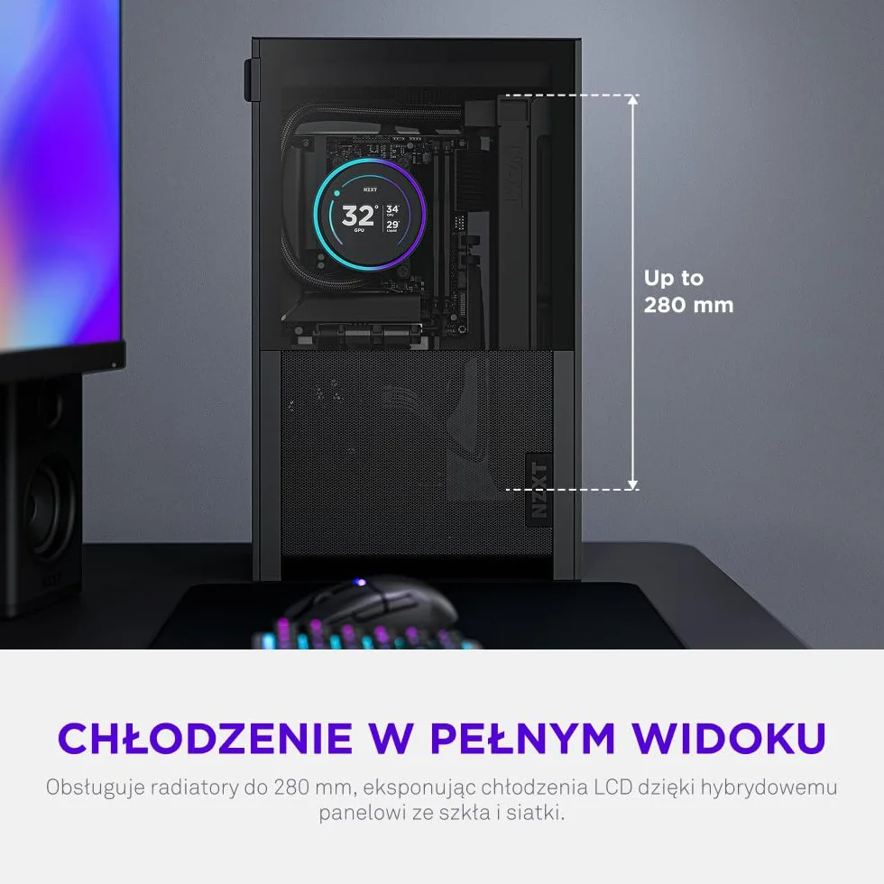 NZXT H2 Flow – obudowa PC Mini-ITX 20,7 l o wysokim przepływie powietrza – zawiera 2 wentylatory górne 120 mm i kabel riser PCIe 5.0 – karta graficzna 331 mm – radiator 280 mm – Czarny