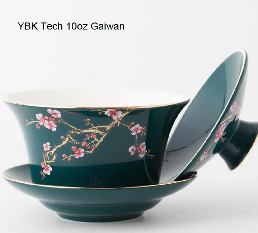 Porcelanowy gajwan YBK Tech 295 ml do herbaty kung fu z pokrywką i spodkiem, tradycyjny chiński, wzory śliwkowe (zielony)
