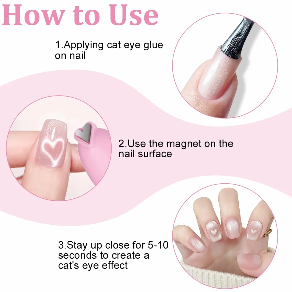 Magnesy z kocimi oczami do paznokci, 3 w 1 Cat Eye Magnet do zdobienia paznokci, magnes żelowy do paznokci, DIY Nail do tworzenia wzorów w kształcie serca, francuski, różowy