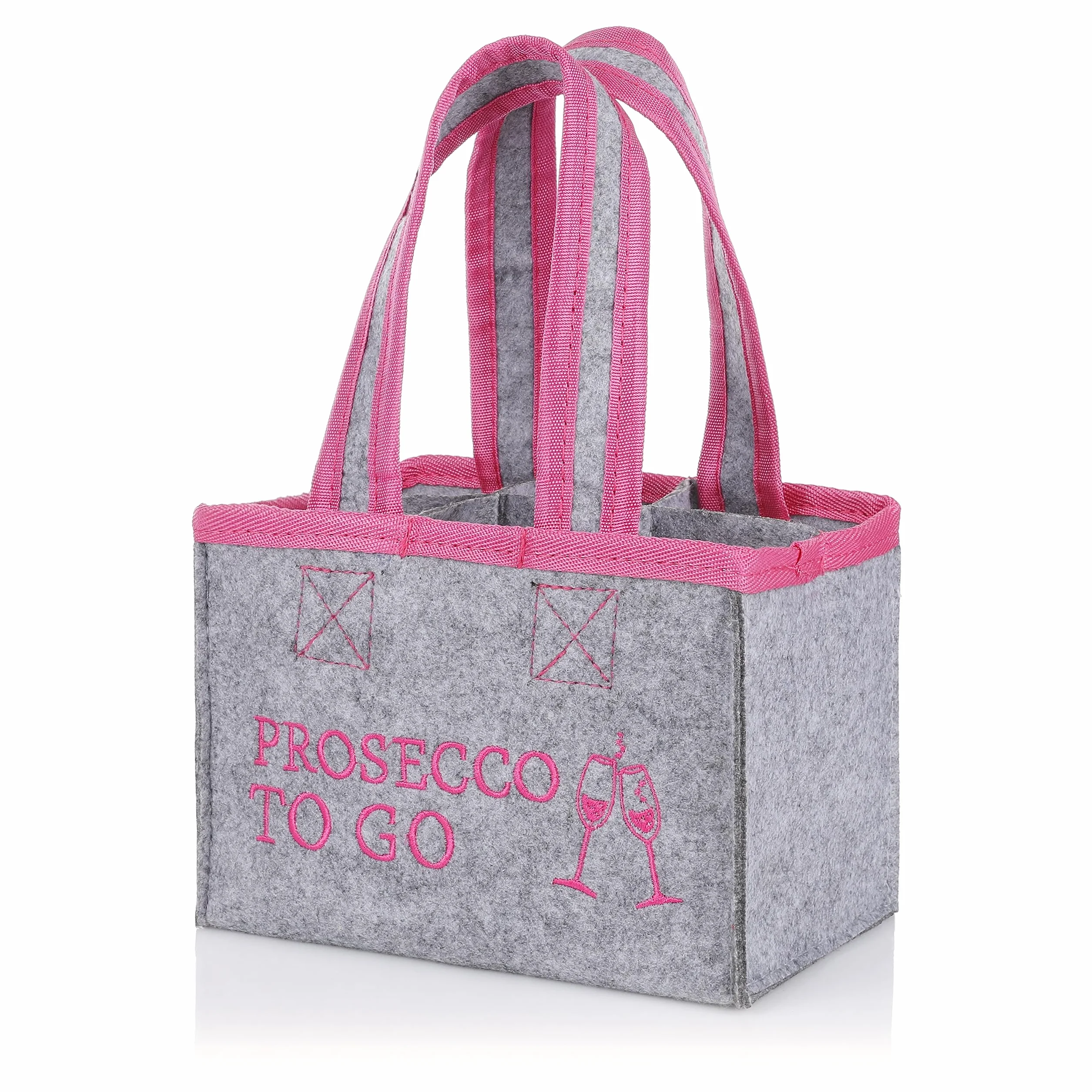 FunX Torba na butelki Prosecco to go – filcowa torba na 6 butelek – szara z uchwytami do noszenia i nadrukiem – wszechstronne zastosowanie – 19 x 12 x 14 cm, szary/różowy, torba na napoje