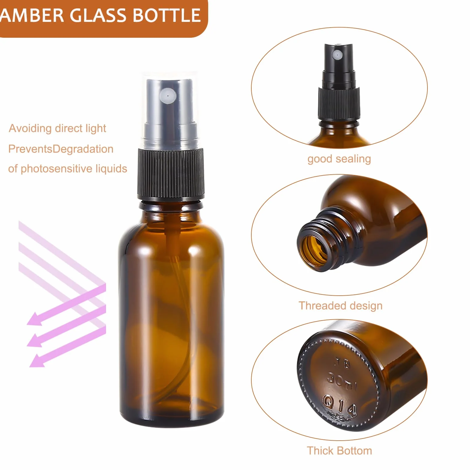 30 ml butelki z rozpylaczem ze szkła bursztynowego, mała, pusta, drobna mgiełka, do wielokrotnego napełniania, do czyszczenia, perfum, aromaterapii, sprayów kosmetycznych, włosów, olejków