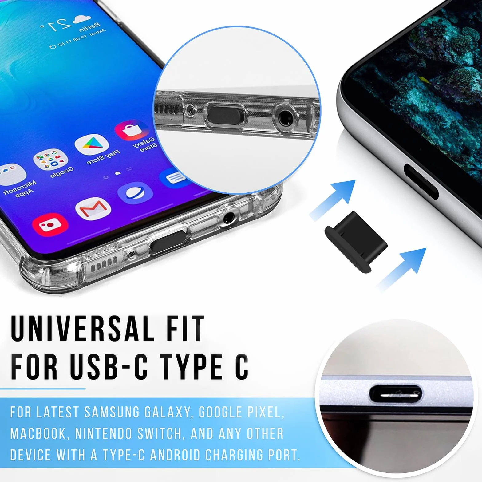Lilbitty Zestaw 6 szt. osłonek przeciwpyłowych USB-C z dwoma małymi szczotkami do czyszczenia, silikonowe nakładki ochronne do USB 3.1 typu C, uniwersalne do Samsung, Google, Xiaomi i wielu innych