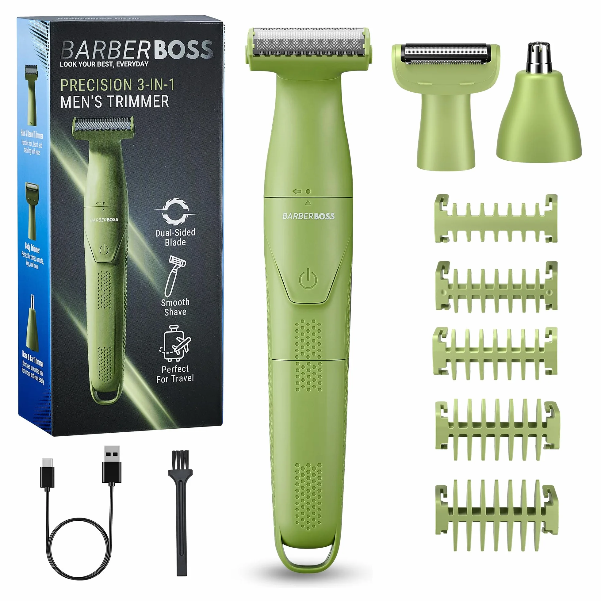 BarberBoss męski trymer do strzyżenia detali 3 w 1, zestaw do pielęgnacji brody, fryzjera do włosów, trymer do nosa i uszu, bezprzewodowa golarka z ładowaniem USB, wielofunkcyjna, QR-2302