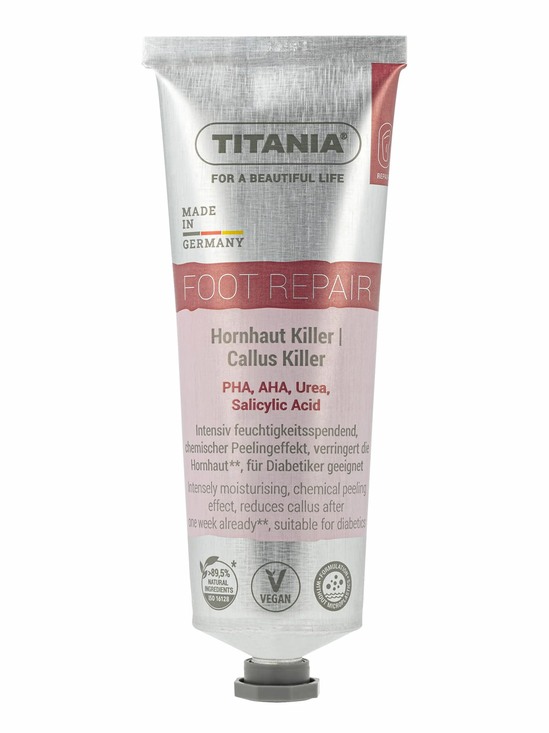 TITANIA Krem do stóp, efekt peelingu – intensywnie wygładzający z mocznikiem, kwasem salicylowym i kwasem mlekowym – naturalny kosmetyk, wegański, bez mikroplastiku, tubka aluminiowa 75 ml