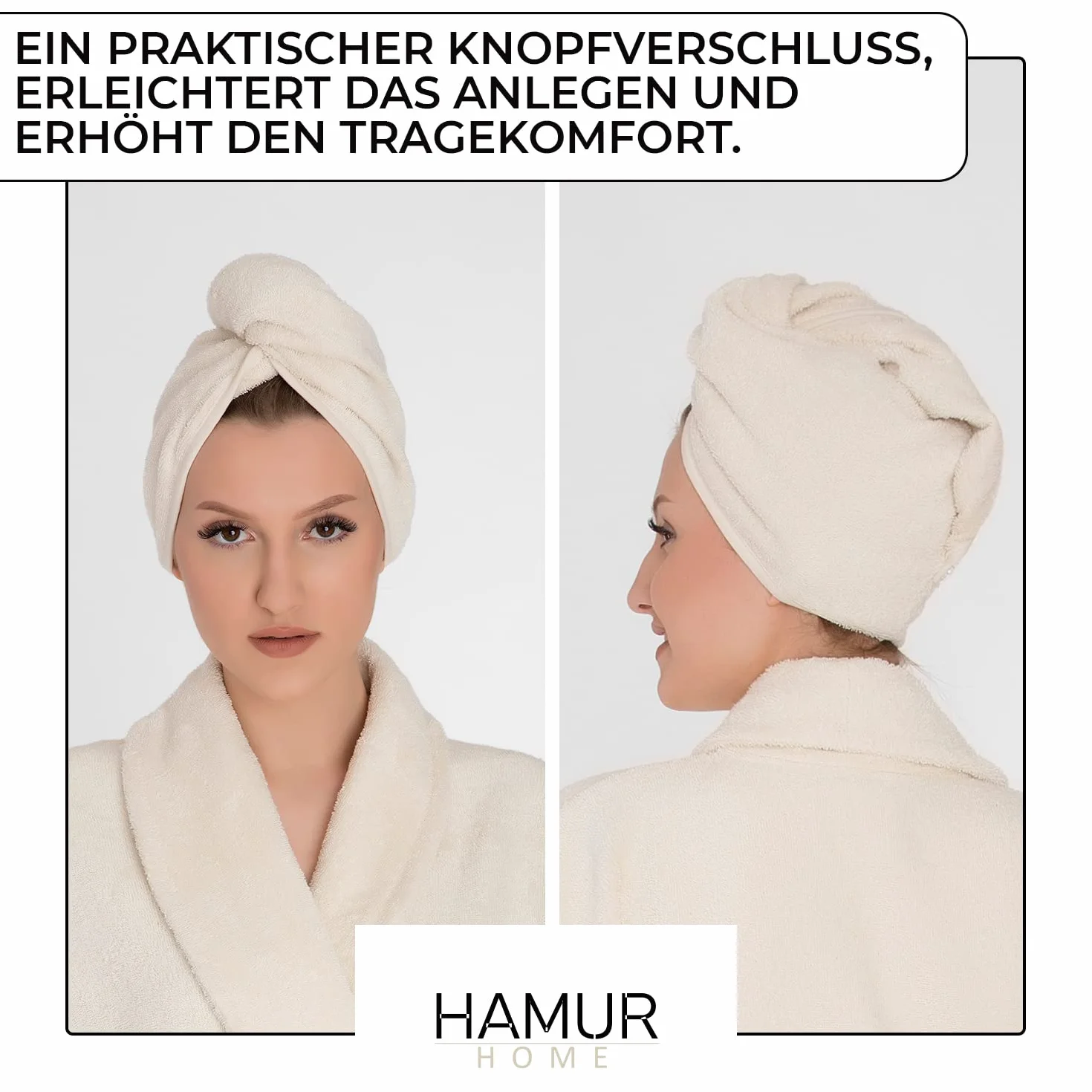 Hamur Home Ręcznik do Włosów Hair Towel Wrap Zapinany Na Guzik Wygodny Turban, Naturalny kolor bawełny Ecru 100% Bawełna frotte
