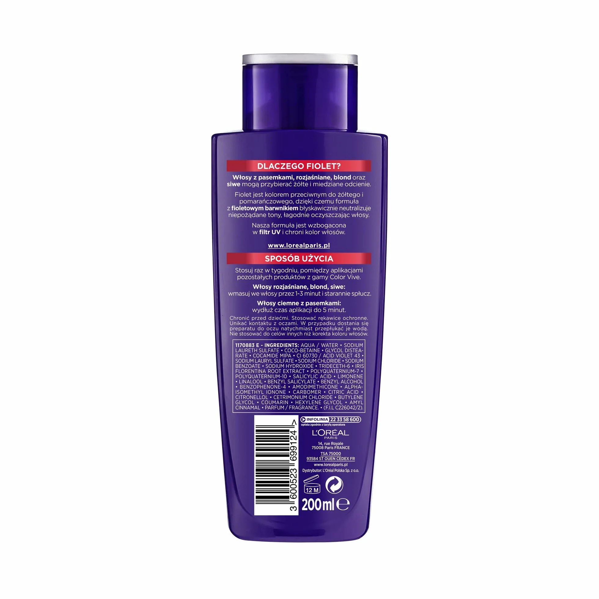 L'Oreal Paris Hair Care Elseve Color-Vive Purple Szampon Do Włosów Farbowanych Blond I Rozjaśnianych Neutralizujący Żółte I Miedziane Odcienie 200 Ml