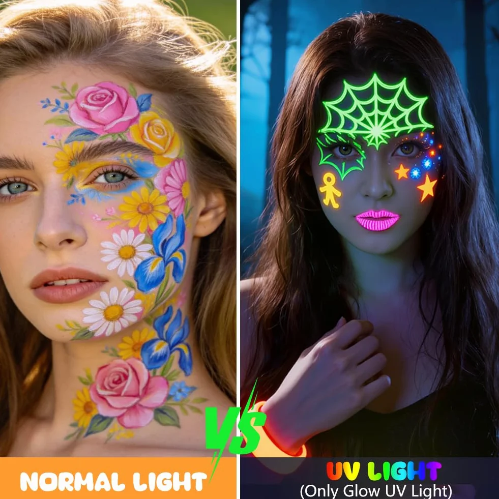 LOPHE Fluorescencyjne kredki do makijażu twarzy i ciała, 18 kolorów zmywalne UV fluorescencyjne kolorowe neonowe zestawy farb do ciała, bezpieczne i nietoksyczne farby do ciała na imprezy, cosplay