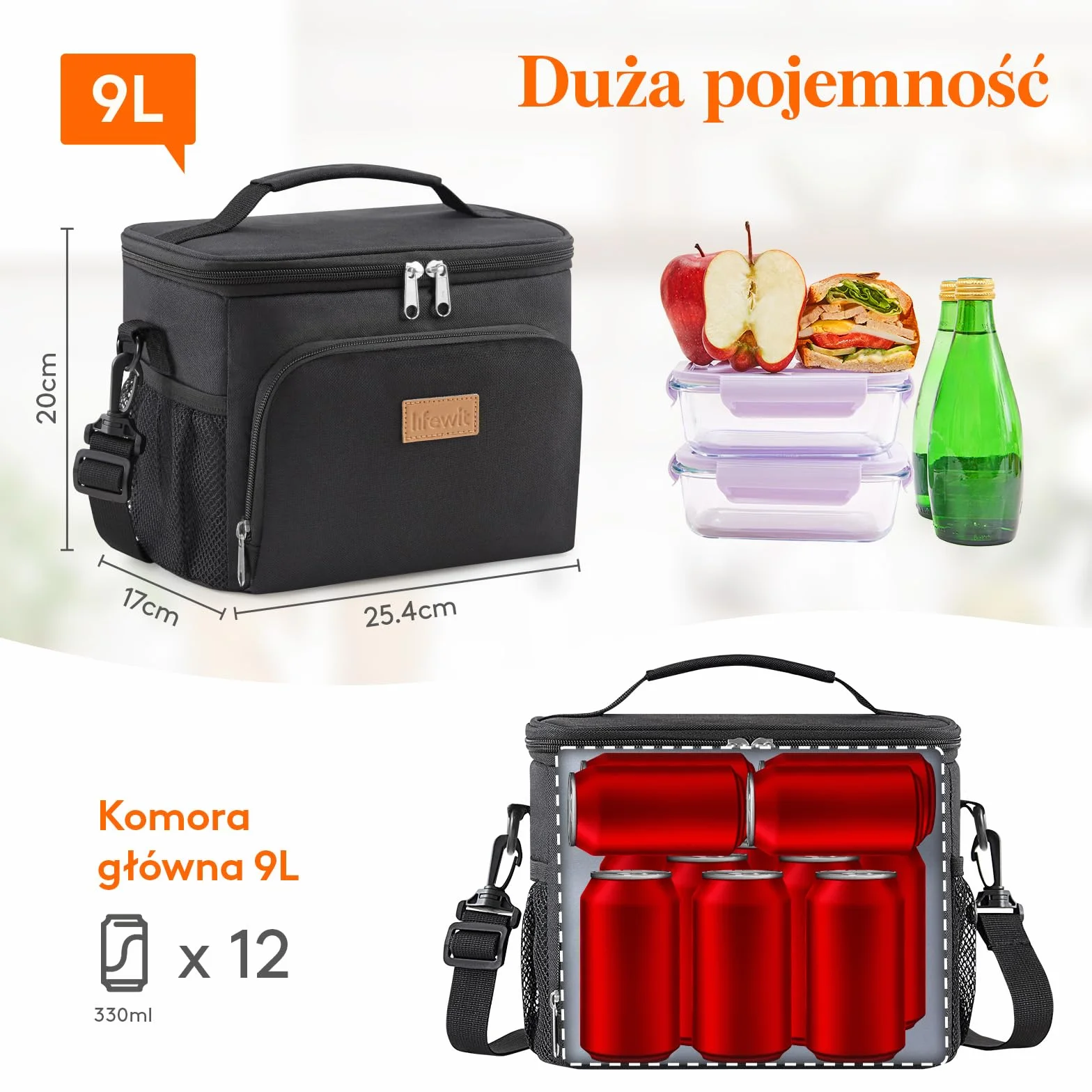 Lifewit Torba na Lunch Termiczna 9L z Regulowanym Paskiem na Ramię Czarny