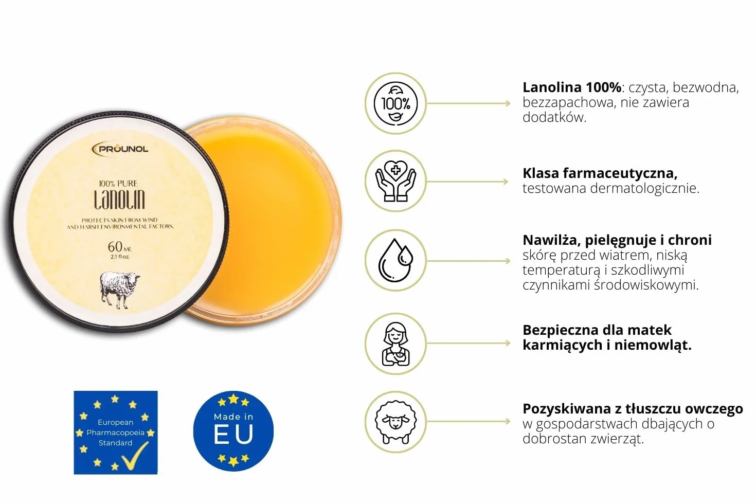 PROUNOL Lanolin Pure (Lanolina Bezwodna) 100% Naturalny Krem do Pielęgnacji Rąk i Stóp, słoik 60ml