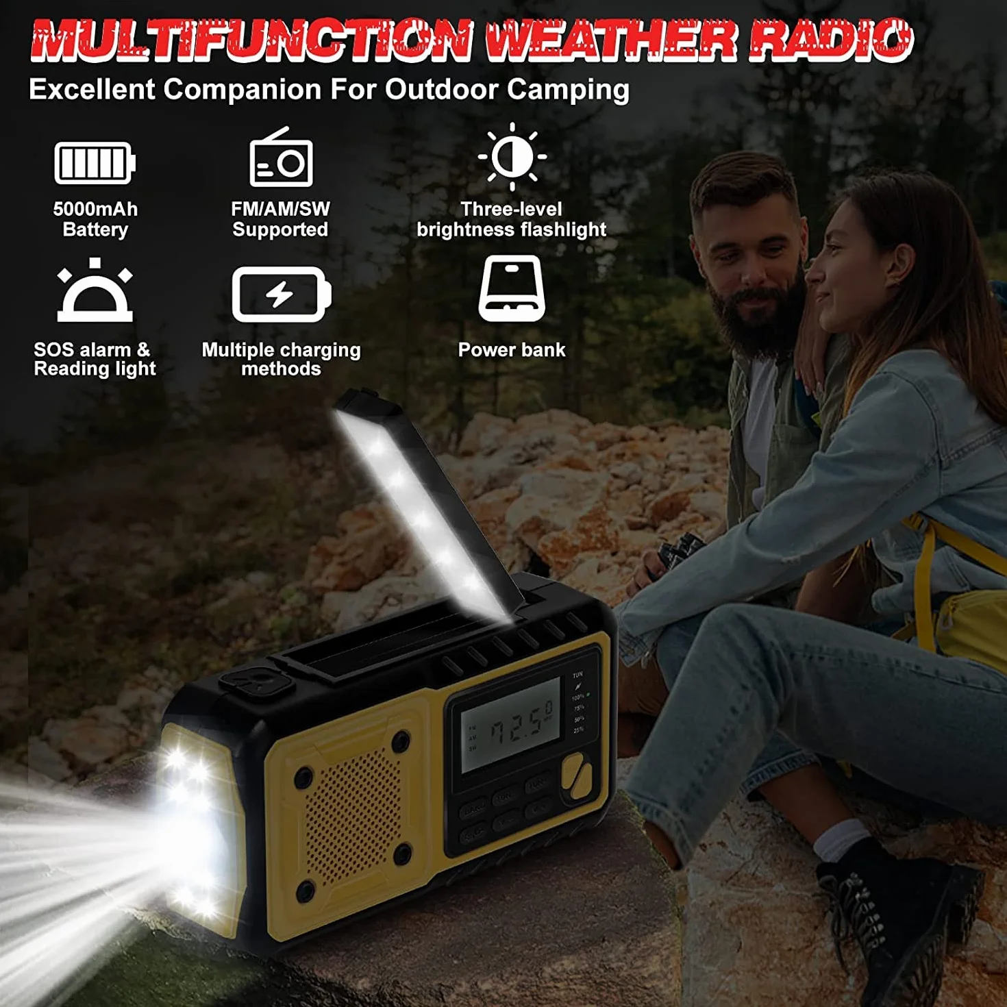 Solarne radio przenośne radio z korbą, radio AM/FM o pojemności 5000 mAh, ładowalna bateria, power bank, radio awaryjne z oświetleniem LED, alarm SOS i kompas, przyłącze do użytku zewnętrznego