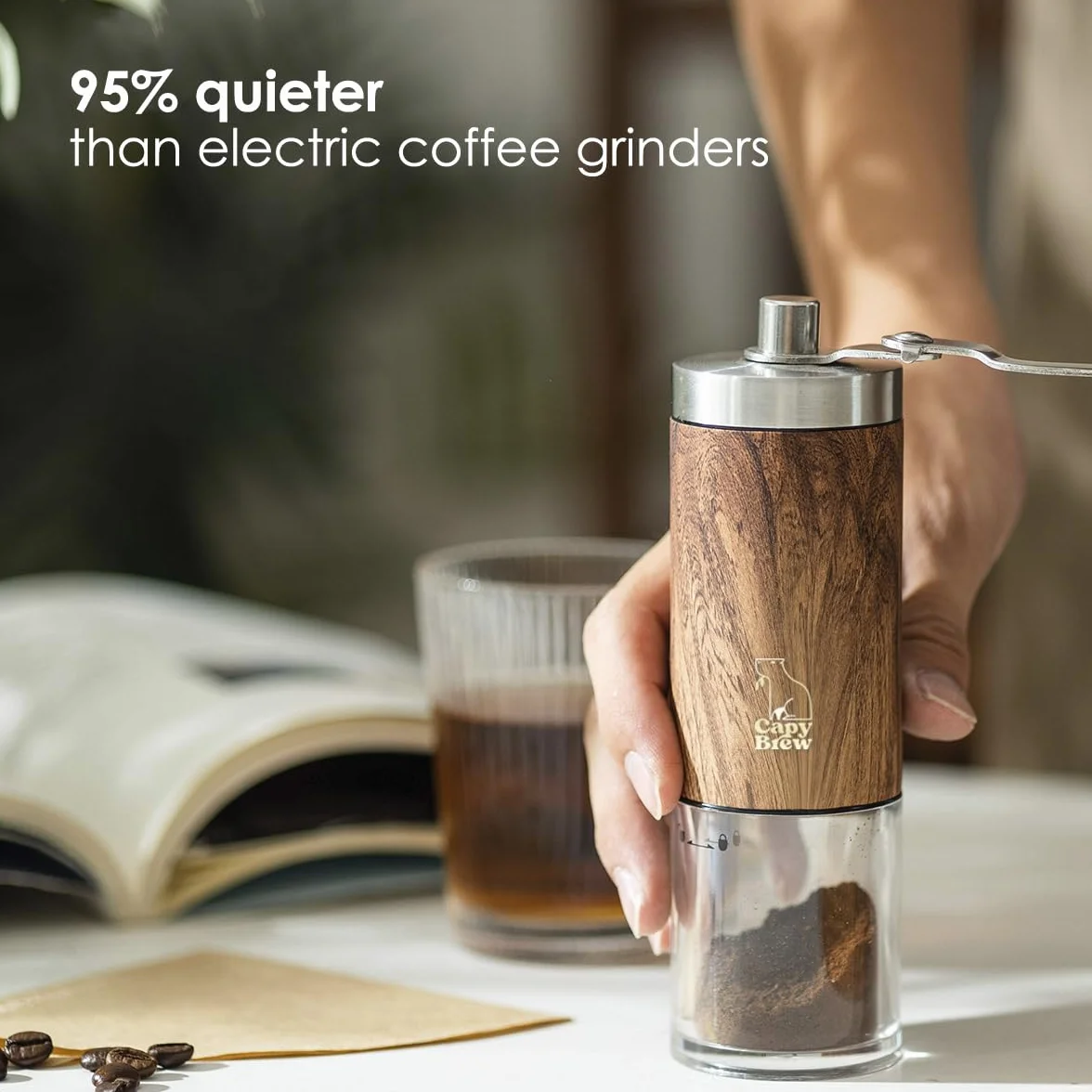 Ręczny młynek do kawy z ceramicznym żarnem i składaną rączką | Zmiel własne ziarna kawy do French Press, moka i espresso | Lekki, cichy i trwały | Drewniany wygląd