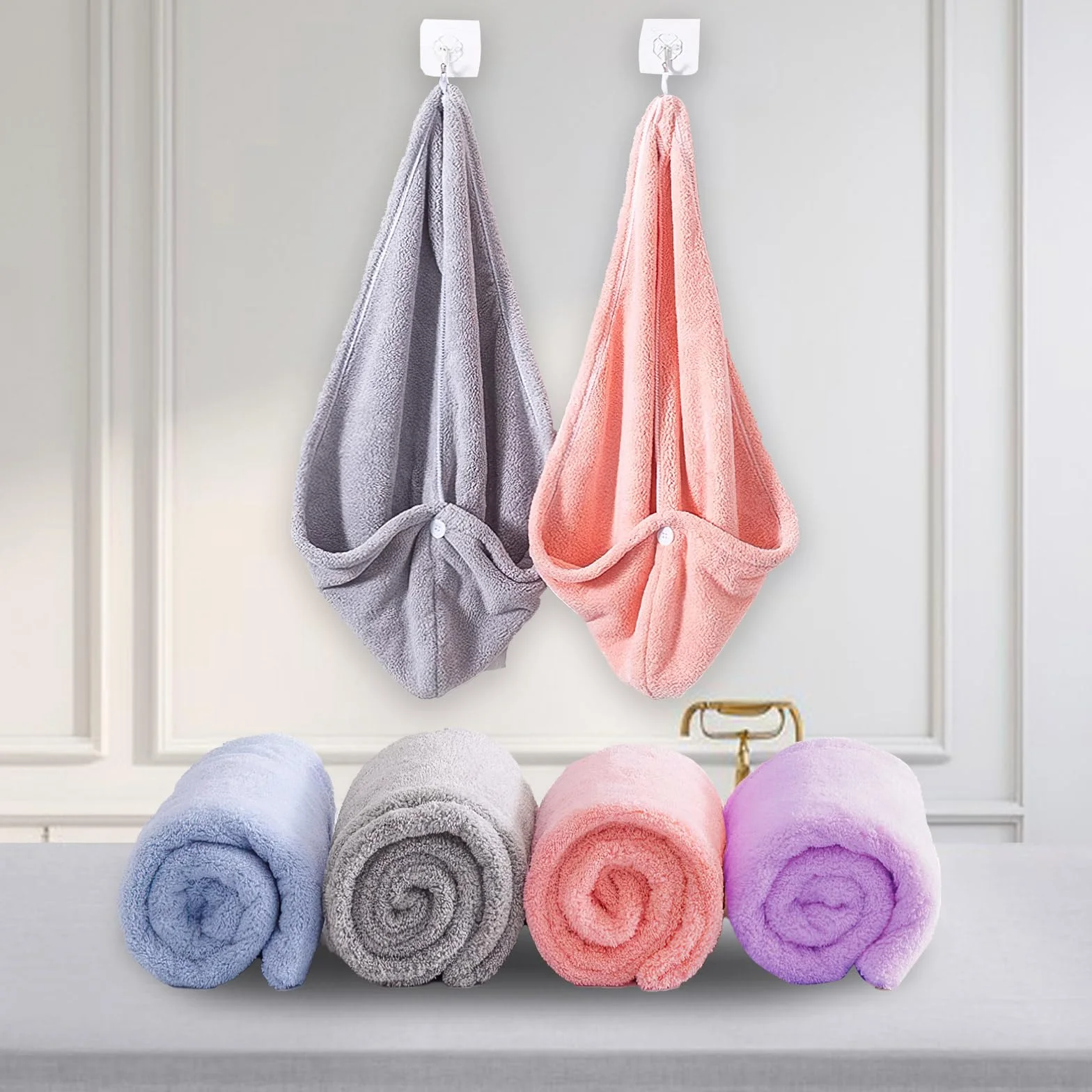 4 turban do włosów, ręcznik z mikrofibry, turban z guzikiem, super chłonny i szybkoschnący, z mikrofibry, do wszystkich rodzajów włosów (różowy, szary, jasnoniebieski, fioletowy)
