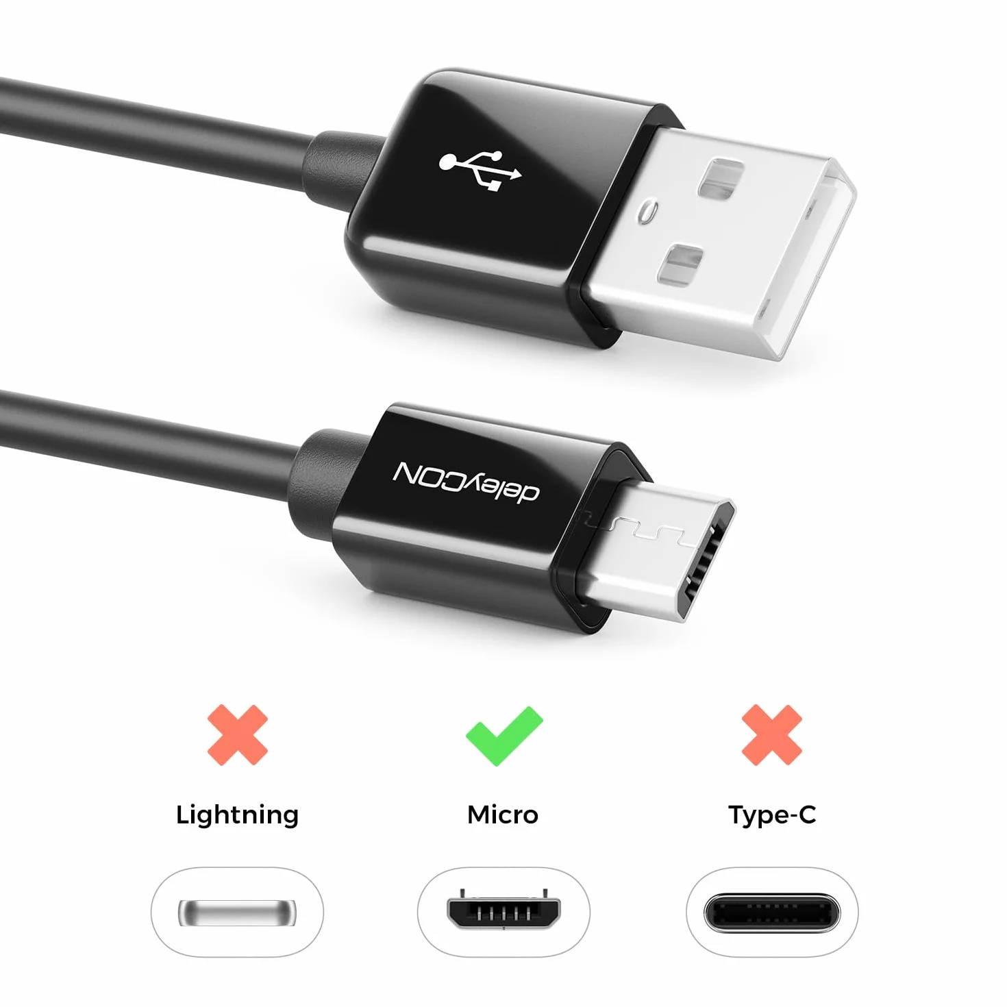 deleyCON 2m Kabel Ładujący Micro USB Kabel do Transmisji Danych Kompatybilny z Android Telefony Komórkowe Smartfony Tablety Odtwarzacze MP3 Aparaty Fotograficzne i Wiele Więcej. - Czarny