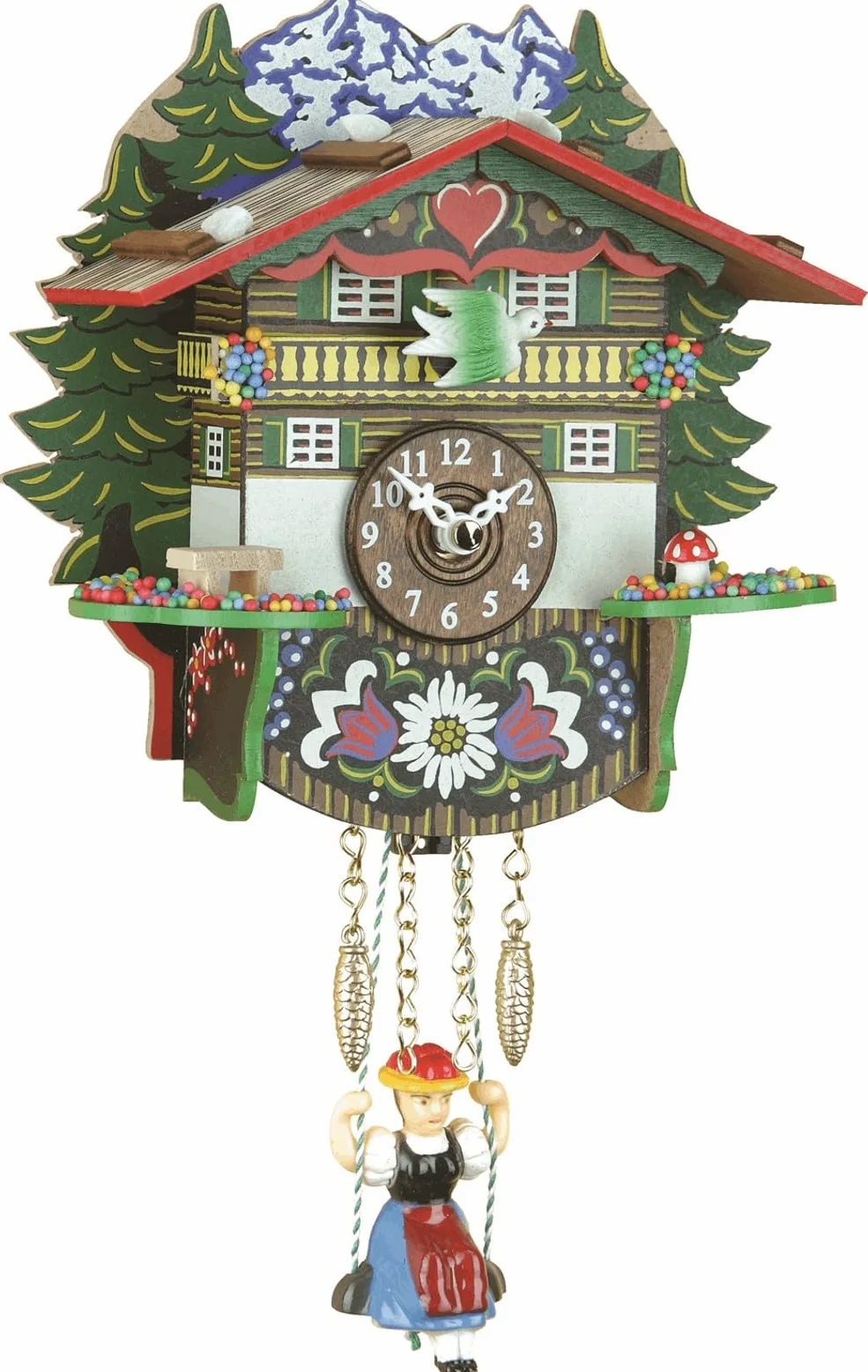 ISDD Kuckulino Black Forest TU 2024 PQ miniaturowy zegarek z mechanizmem kwarcowym z kukukułem, wielobarwny design "Swiss House", bateria w zestawie