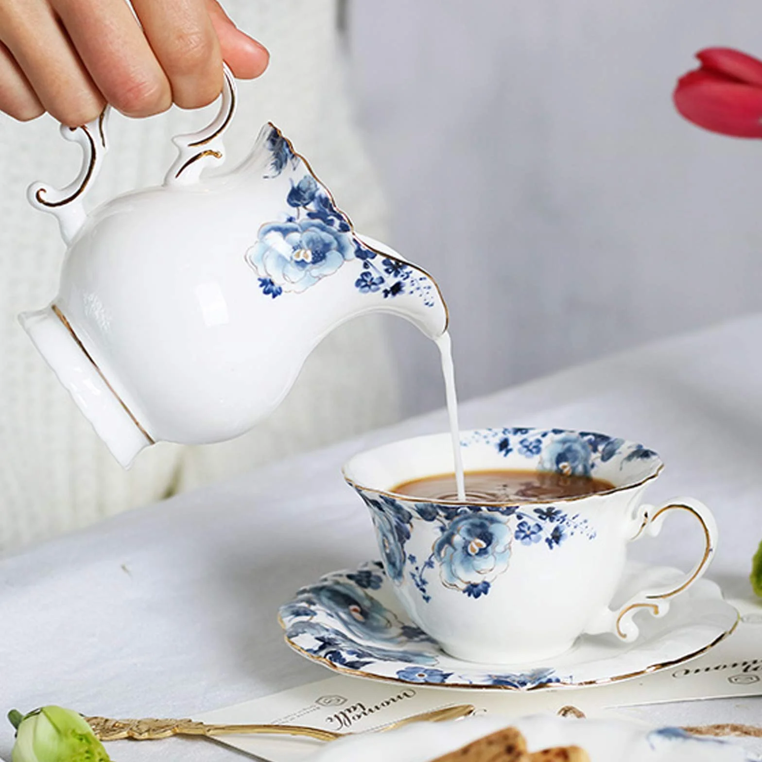 fanquare 15 sztuk zestaw do herbaty z porcelany niebieskie kwiaty, zestaw do kawy, zestaw ceramiczny do kawy, zestaw ślubny dla dorosłych