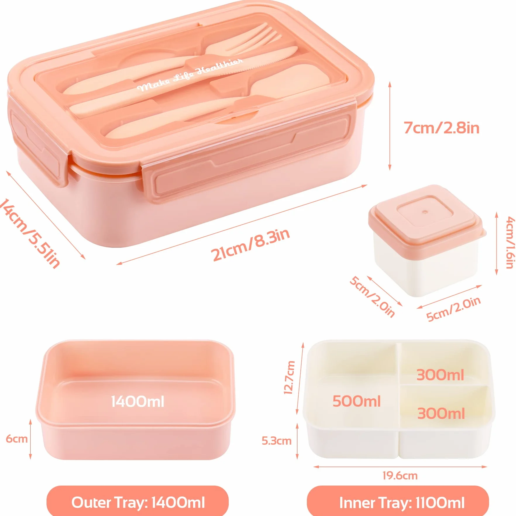 LUZOON pudełko na lunch, Bento Box, śniadaniówka dla dorosłych, 1400 ml, z 3 przegródkami, w zestawie Pudełko ze sztućcami, do kuchenki mikrofalowej i zmywarki, do szkoły, pracy, na piknik, podróż,