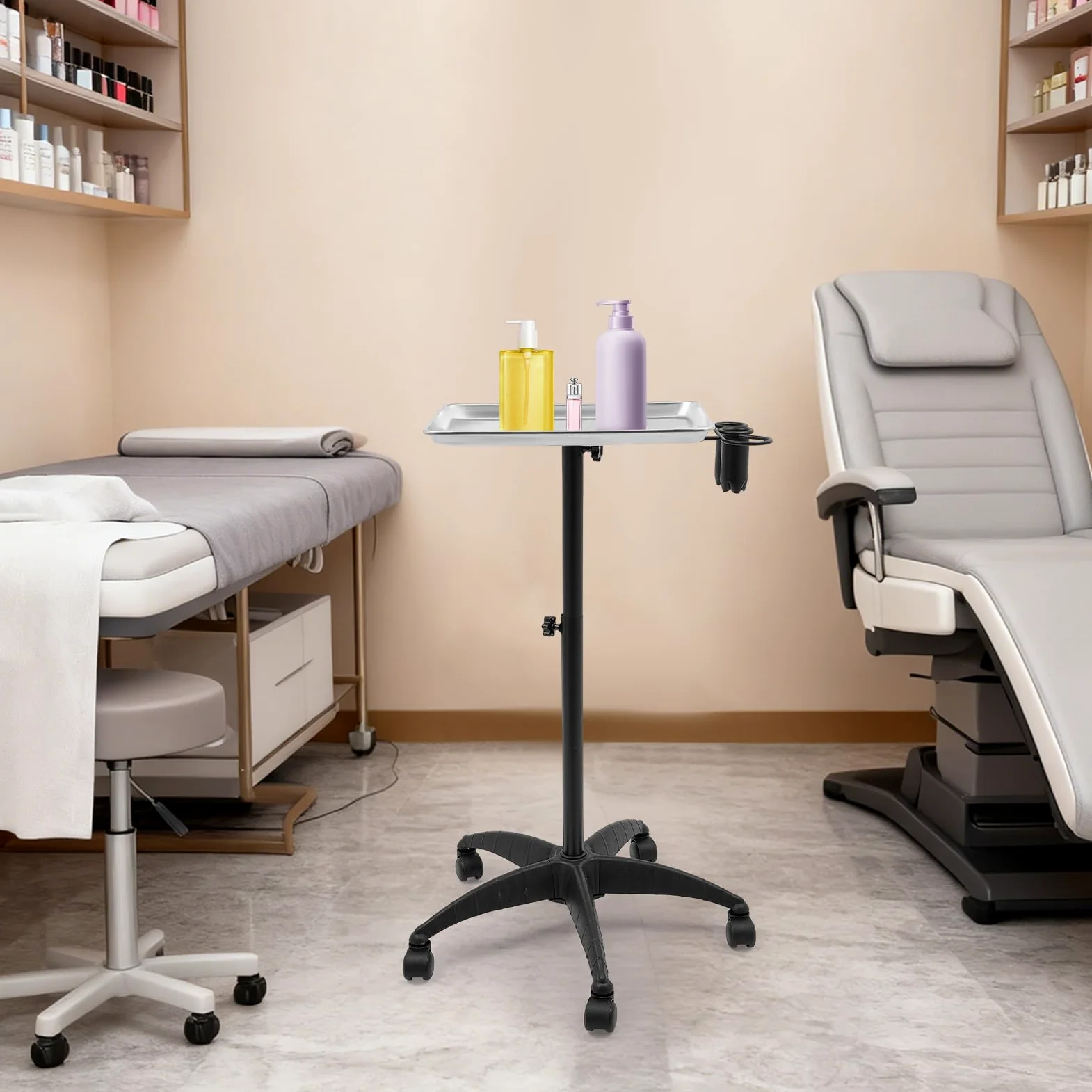 Wózek fryzjerski, wózek fryzjerski na kółkach, wózek do tatuażu, wózek roboczy, wózek fryzjerski, wózek z regulacją wysokości, do salonów fryzjerskich, spa (kolor srebrny)