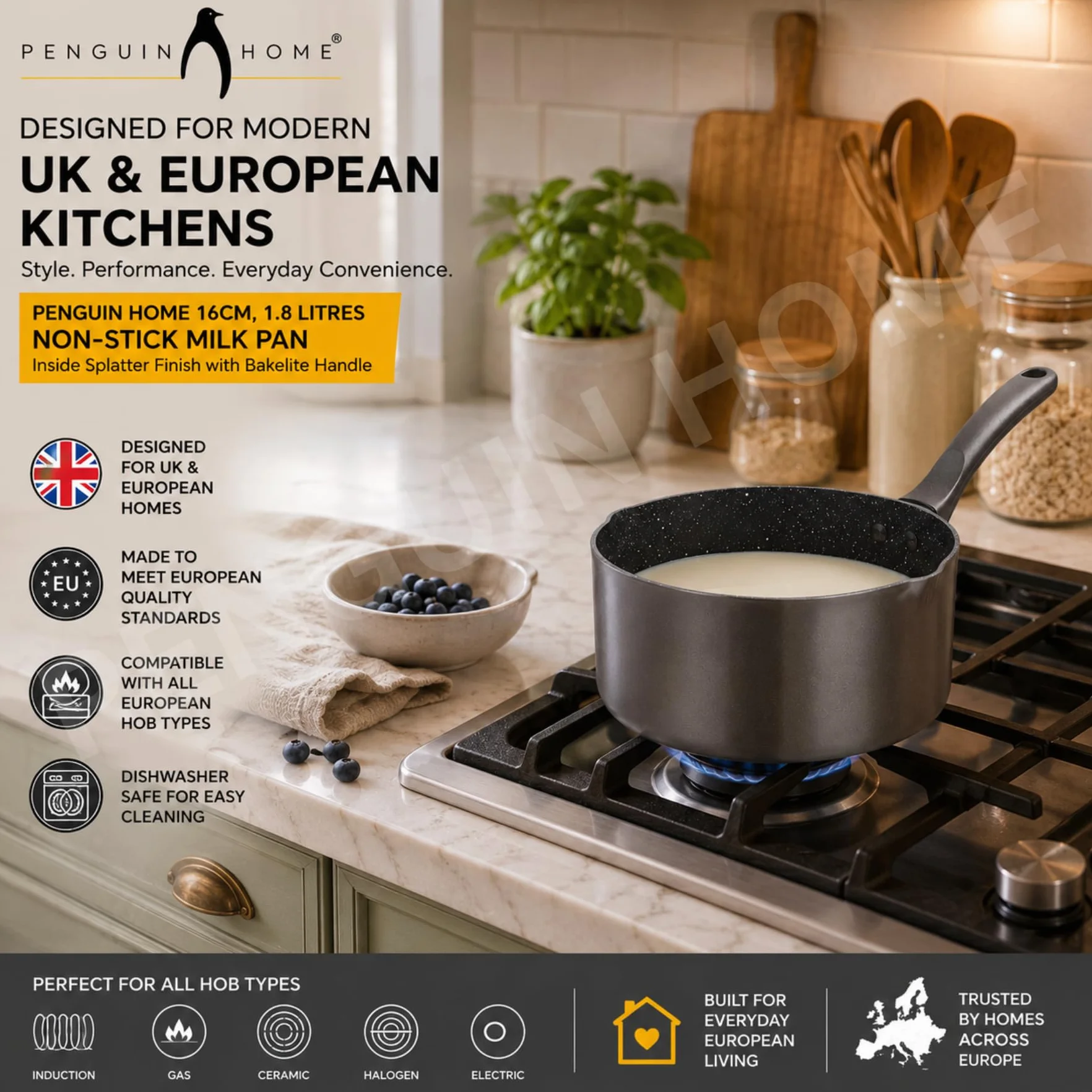 Penguin Home Patelnia do mleka nieprzywierająca twarda anodowana indukcyjna 16 cm 1,8 l