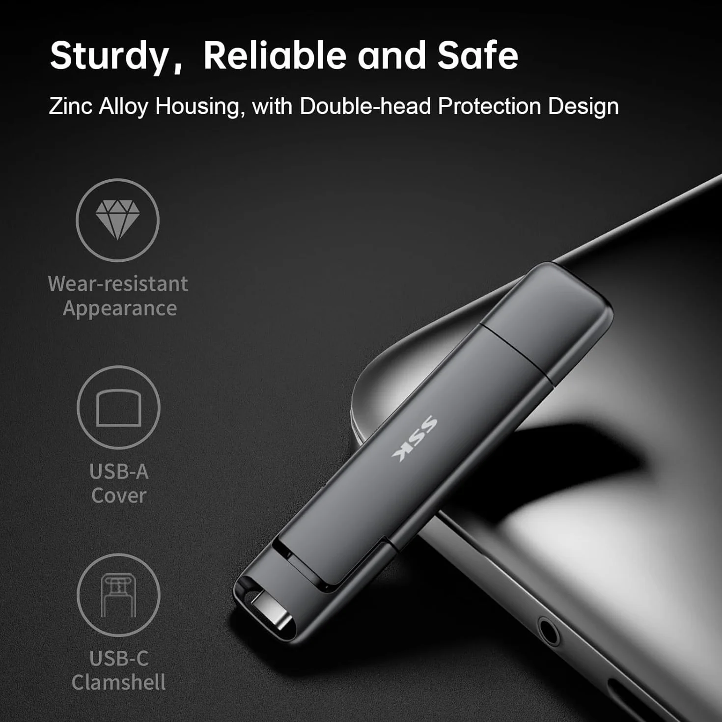 SSK 256GB Dual USB C Flash Drive, 2-w-1 Type C+ USB A 3.2 Gen2 Solid State Thumb Drive, prędkość do 550MB/s Pamięć do iPhone 15, Thunderbolt 3, Android Phone, Tablet, Laptop