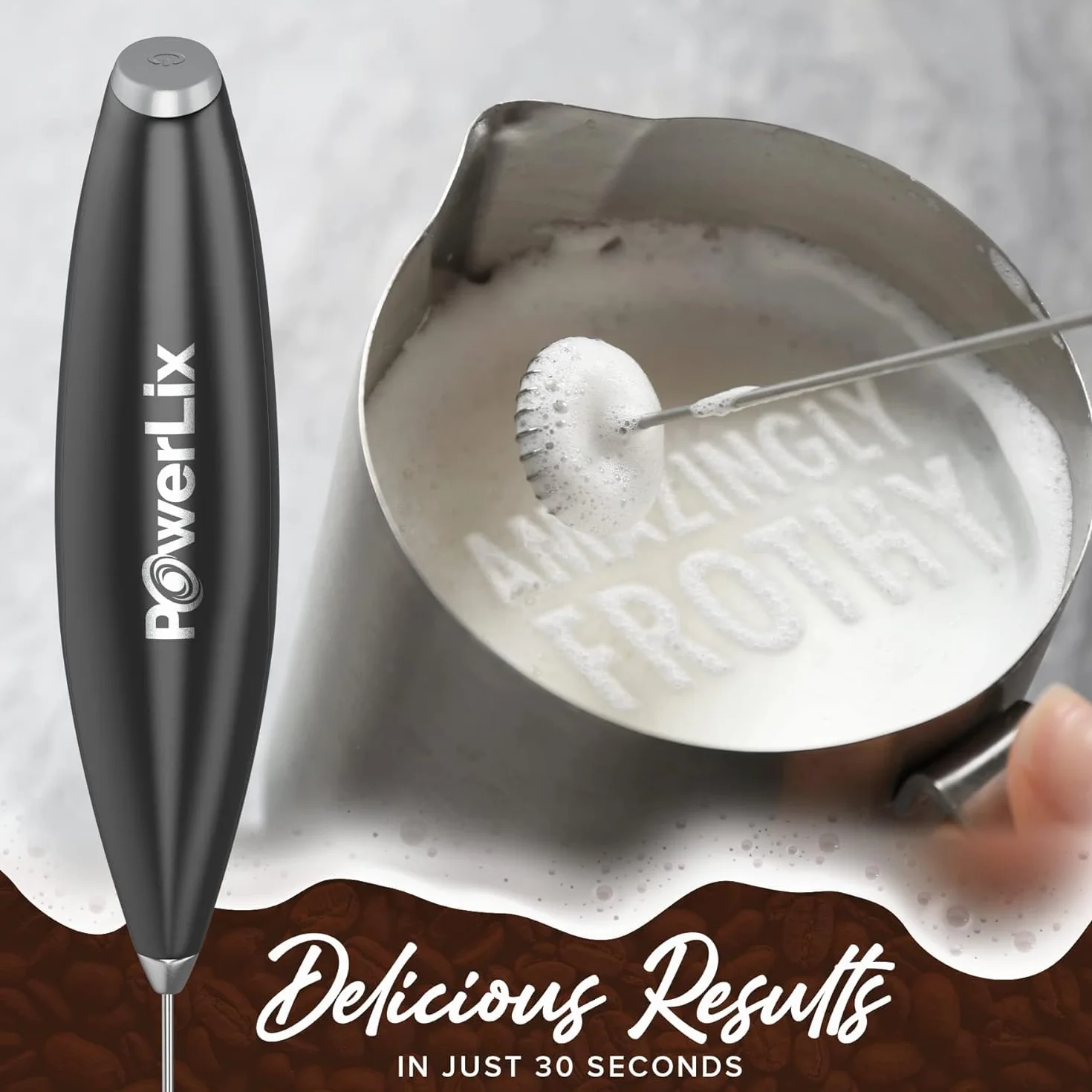 PowerLix Ręczna trzepaczka do mleka, elektryczny spieniacz ze stojakiem ze stali nierdzewnej, 19000 obr./min, mini mikser do kawy latte cappuccino (Czarny)