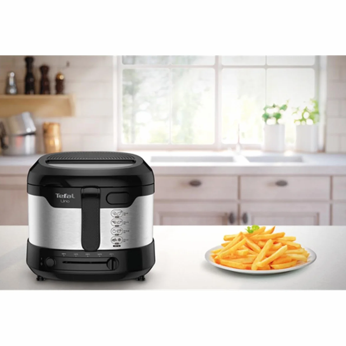 TEFAL FF215D Uno Frytkownica, Stal Nierdzewna, 1600 W, duża pojemność 1 L, Okienko w pokrywie, Kompaktowe rozmiary, Automatyczne otwieranie pokrywy, Odsączanie tłuszczu, Czarny/Srebrny