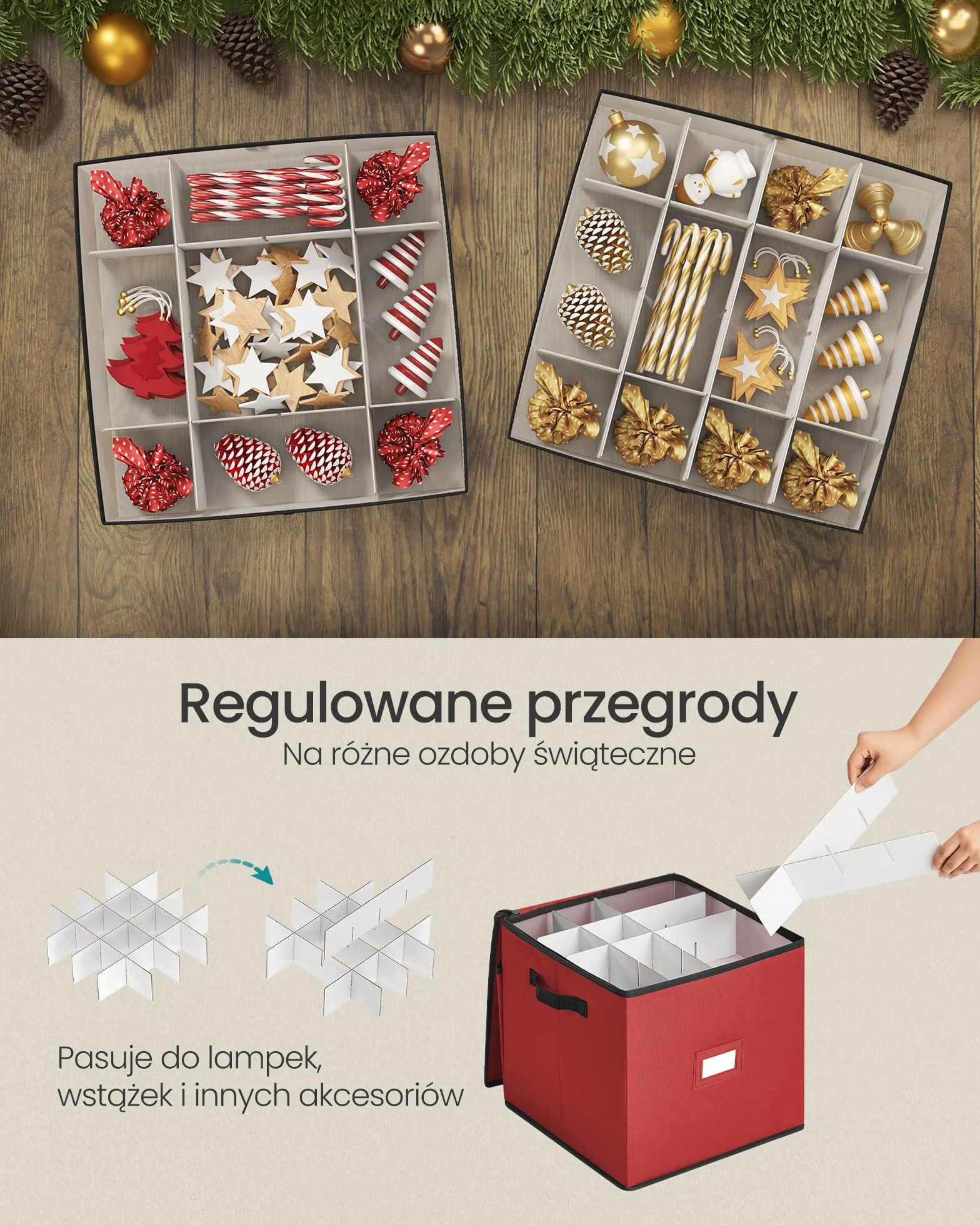 SONGMICS Pudełko na ozdoby świąteczne z pokrywką, z podwójnym zamkiem błyskawicznym, tacki z tworzywa PP, tkanina Oxford, 64 przegródki (po 7,6 cm), wiśniowo-czerwony RFB034R01