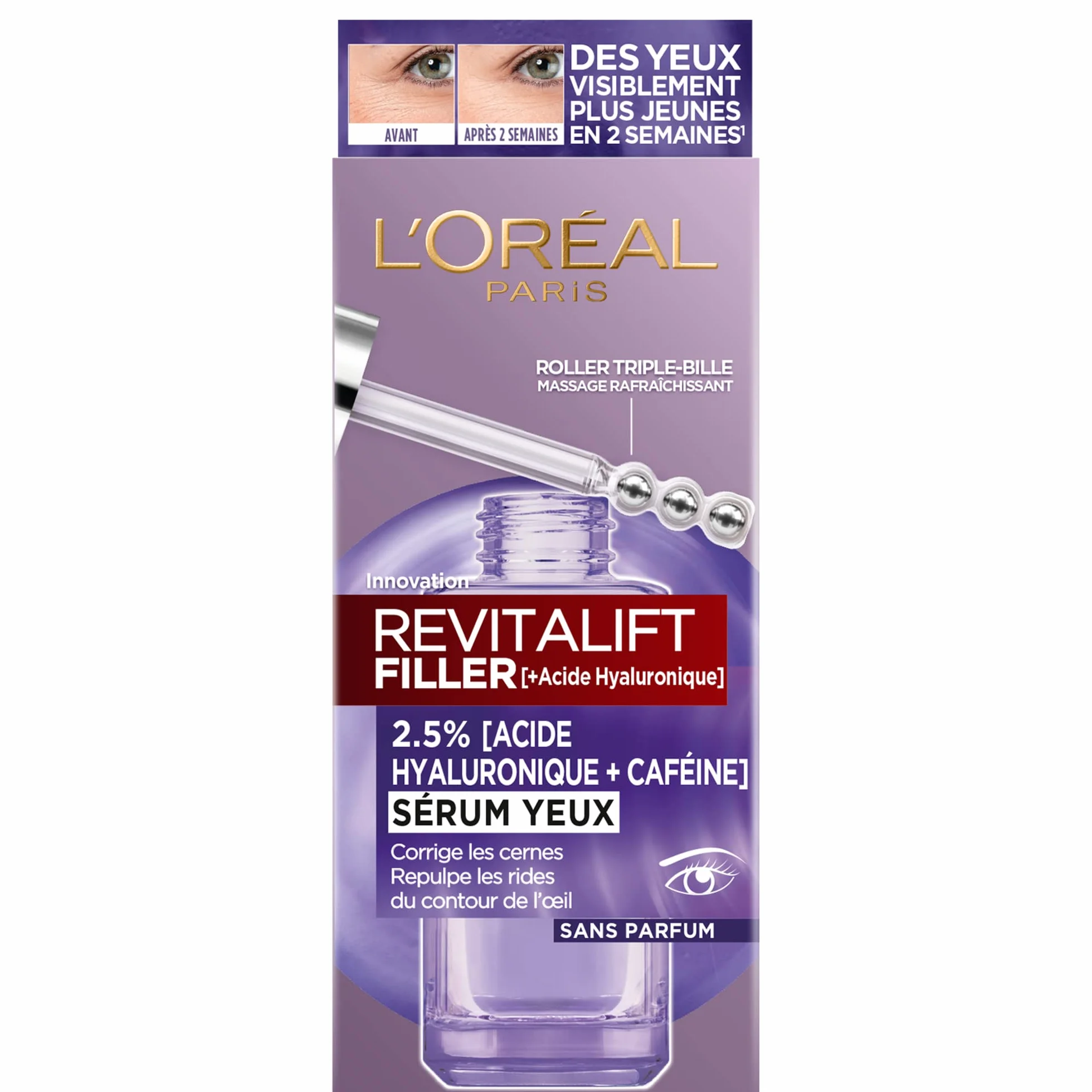 L'Oréal Paris - Serum Contour des Eye - przeciwzmarszczkowe, kieszenie i przeciwzmarszczkowe - z czystym kwasem hialuronowym i kofeiną - Innowacyjna potrójna końcówka - Revitalift Filler - 20 ml