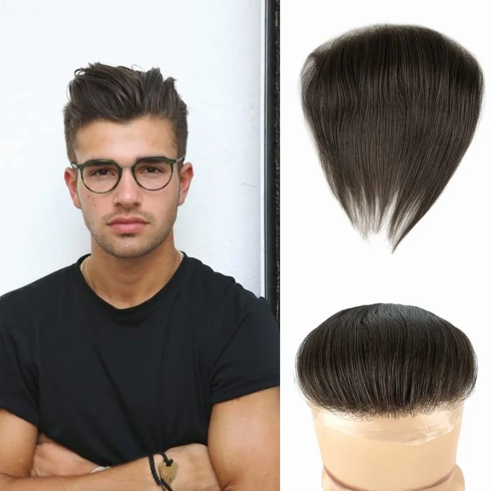 Lordhair Tupecik do wyrównania linii włosów, dla mężczyzn,, treska z przodu, tupecik w kształcie litery V, 100% naturalnych ludzkich włosów z cienką skórą PU zakrywającą męską łysinę