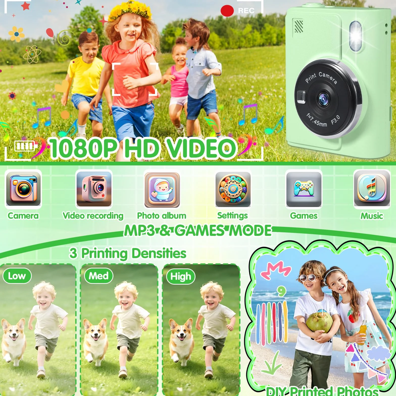 Aparat dla dzieci, natychmiastowy aparat fotograficzny z kartą 32 G i papierem fotograficznym, 2,4 cala, aparat cyfrowy 1080p HD, dla dzieci, zielony