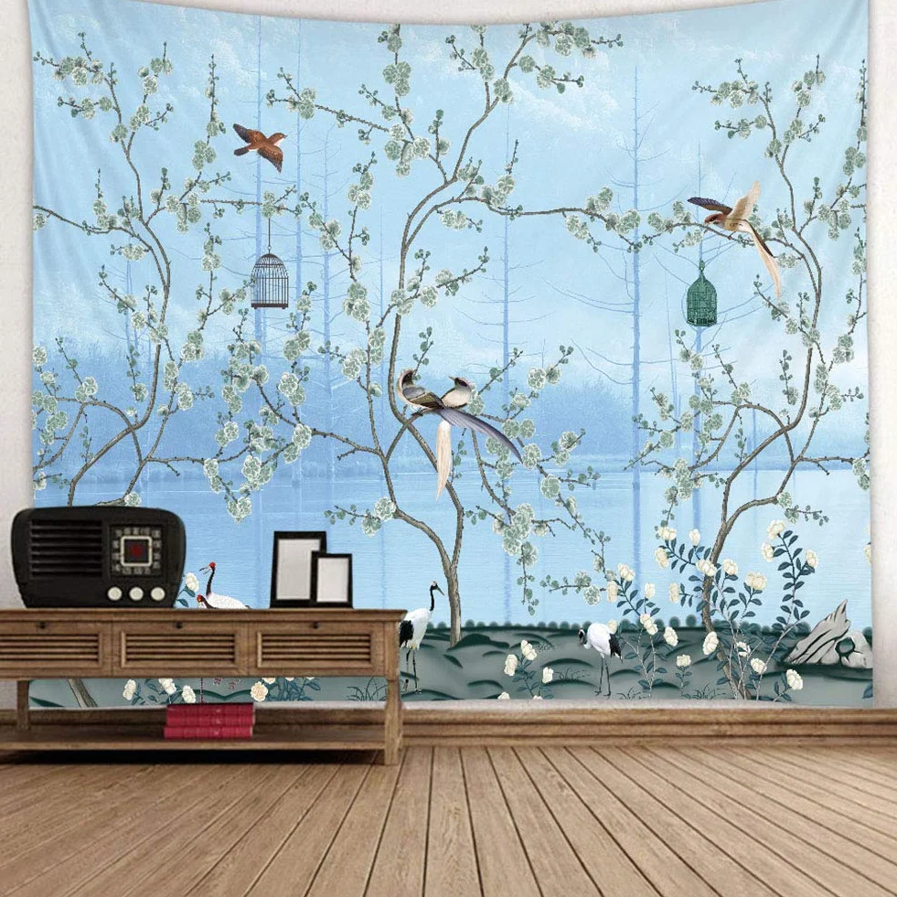 VIFERR Gobelin ścienny boho niebieskie kwiaty ptaki duży dywan ścienny 150 x 200 cm