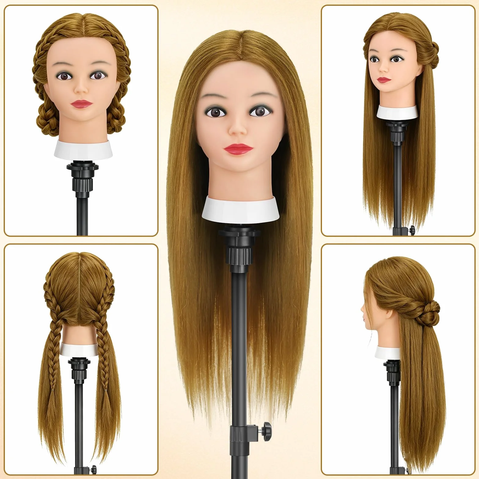 TwoWin Głowa treningowa fryzjerska, 26" (66 cm) 80% prawdziwe włosy, głowa manekina, głowa do stylizacji peruki z zaciskiem i zestawem do zaplatania DIY (jasnobrązowy)