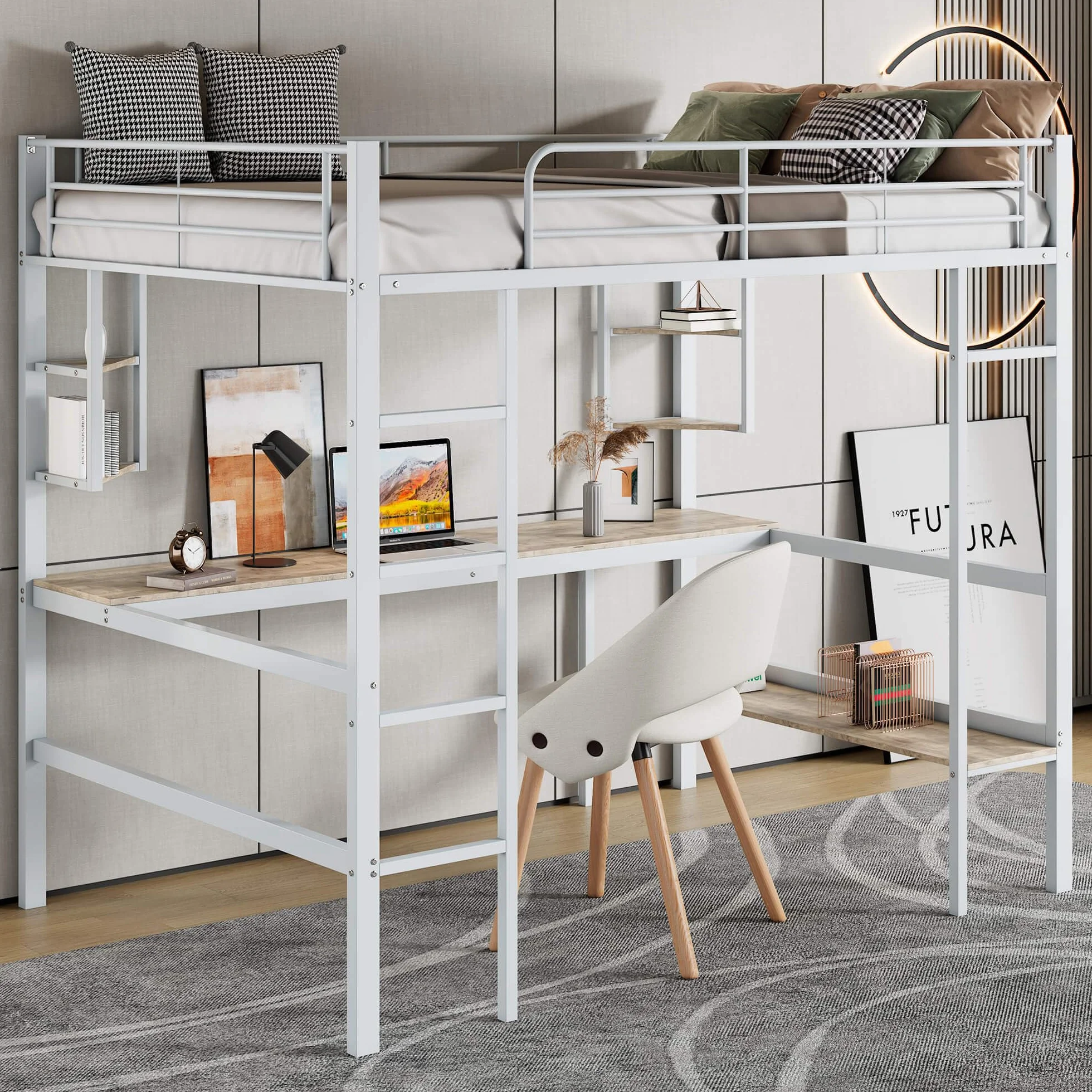 Łóżko piętrowe metalowe 90x200 cm z biurkiem i półkami, białe