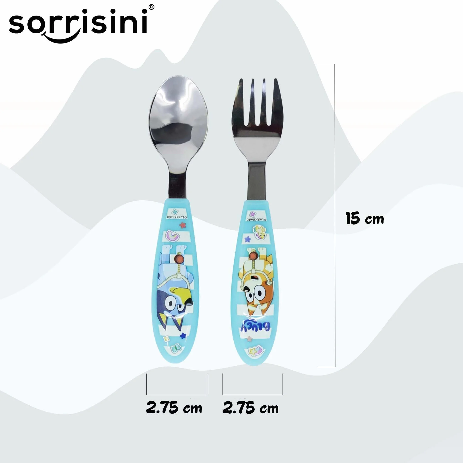 Zestaw naczyń dla dzieci, 3-częściowy zestaw sztućców z dzielonym talerzem, sztućce ze stali nierdzewnej, plastikowe naczynia do kuchenki mikrofalowej na dodatkowe jedzenie, Bluey Design