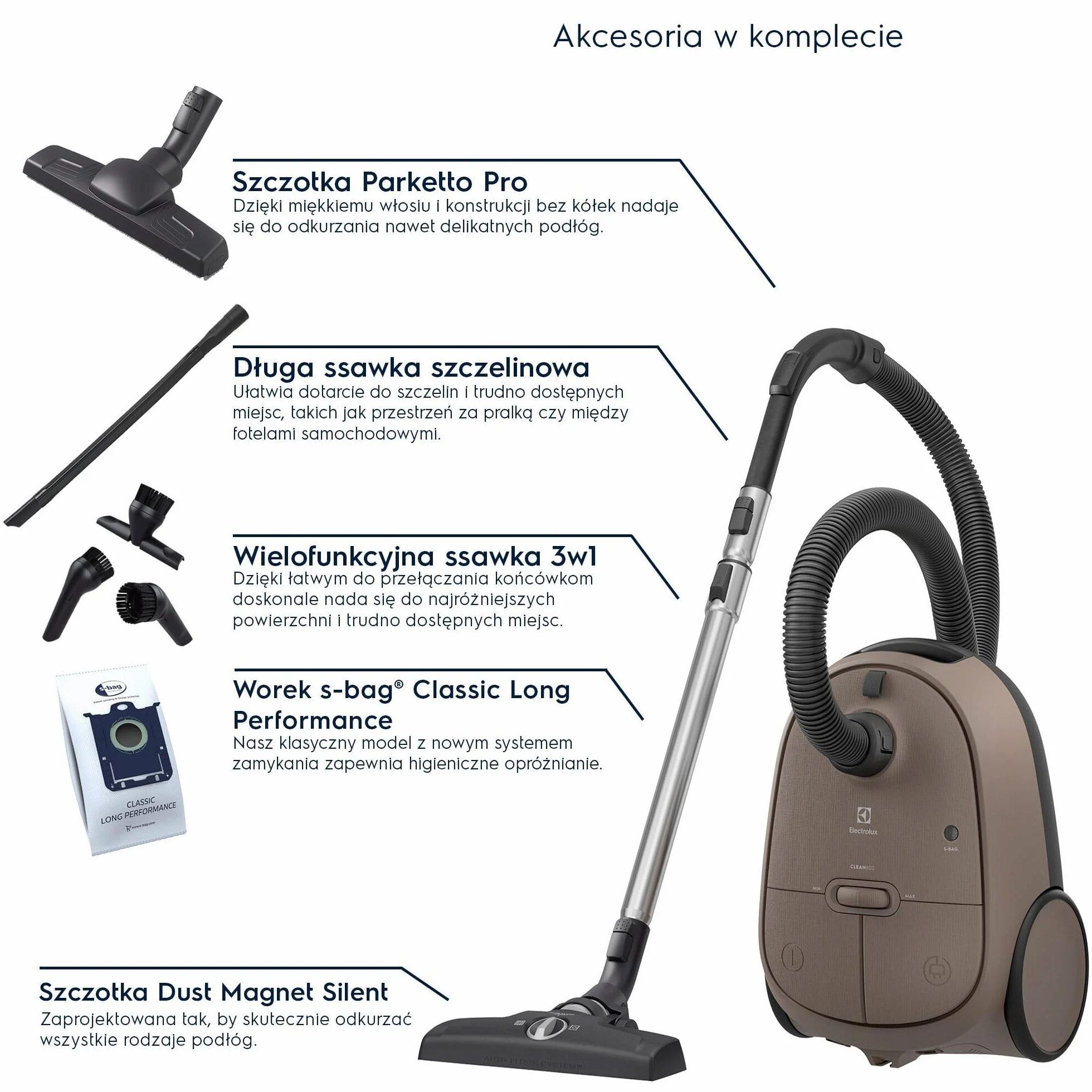 Electrolux Odkurzacz Workowy Clean 600 EB61C3WBL 73 dB 99,99% skuteczność odkurzania Kompaktowy 12 m Brąz