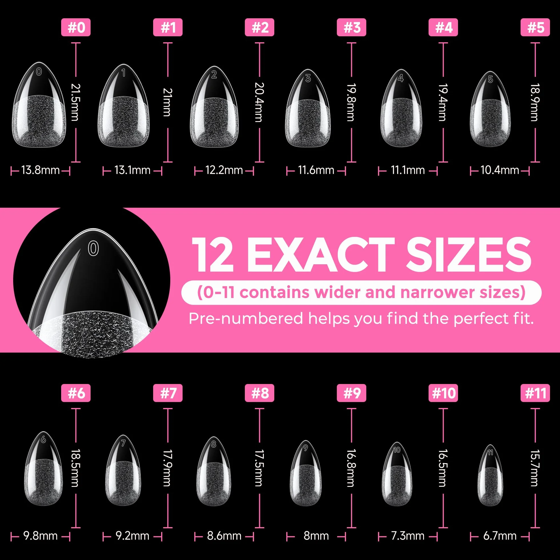 UNA GELLA Kurze Mandel Nail Tips, 216 Stück 12 Größen Nageltips für Gelnägel Soft Gel Full Cover Press On Nails Almond für Nagelverlängerung, Home DIY Nail Art & Nagelstudio