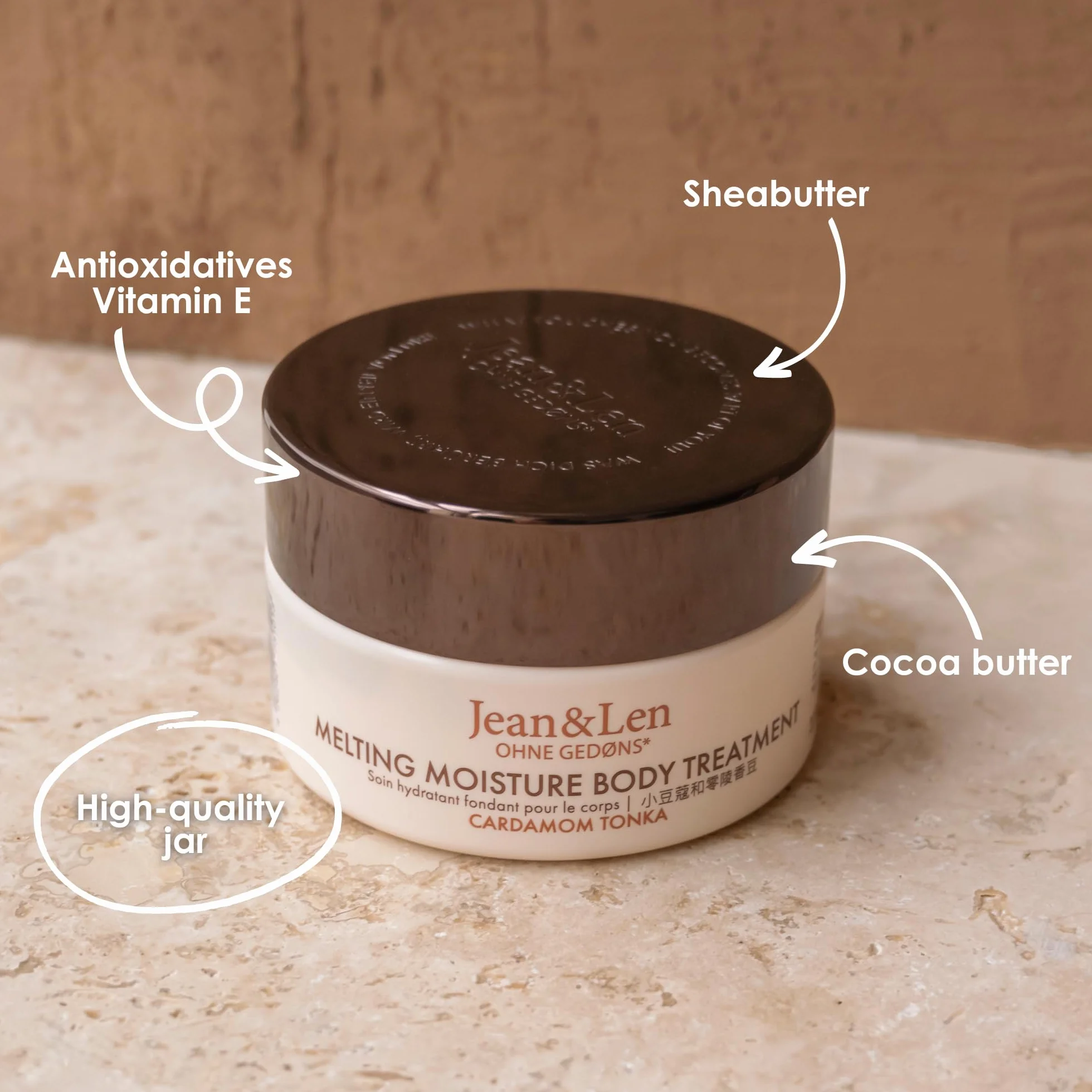 Jean & Len Melting Moisture Body Treatment Cardamon & Tonka, pachnący efekt pielęgnacji, do skóry normalnej, wysokiej jakości tygiel, pielęgnujące masło do ciała, bez parabenów i silikonów, wegańskie,