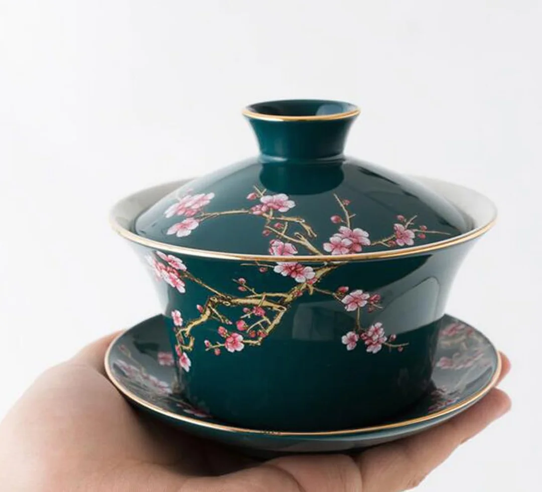 Porcelanowy gajwan YBK Tech 295 ml do herbaty kung fu z pokrywką i spodkiem, tradycyjny chiński, wzory śliwkowe (zielony)