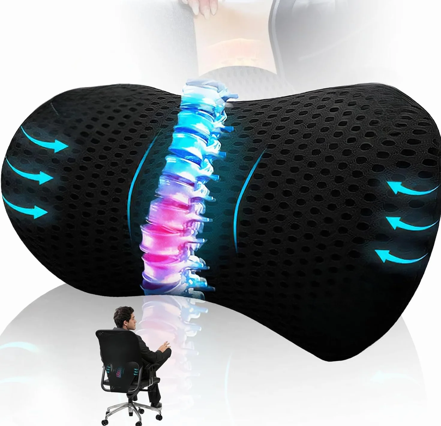 Lumbar Support Pillow z pianki z pamięcią kształtu, ergonomiczna poduszka lędźwiowa z paskami, poduszka na bóle pleców, poduszka podpierająca do foteli samochodowych i biurowych, do