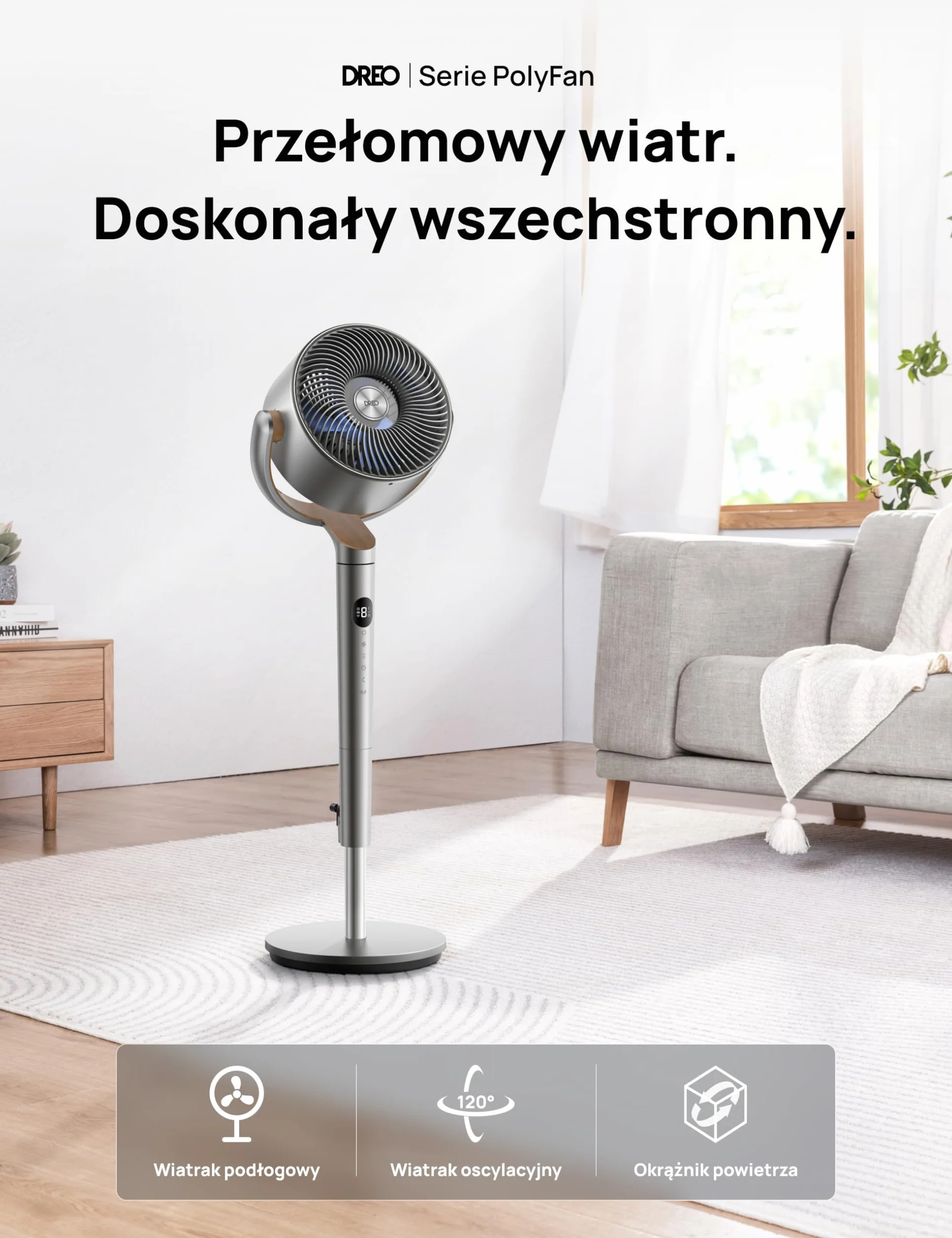 Dreo 23dB inteligentne cichy wentylator stojący, zasięg wiatru 24M, objętość powietrza 1200m³/h, turbo cyrkulator, wysokość 102CM, oscylujący wentylator 120°+120°, 6 trybów, 8 prędkości, PolyFan 502S