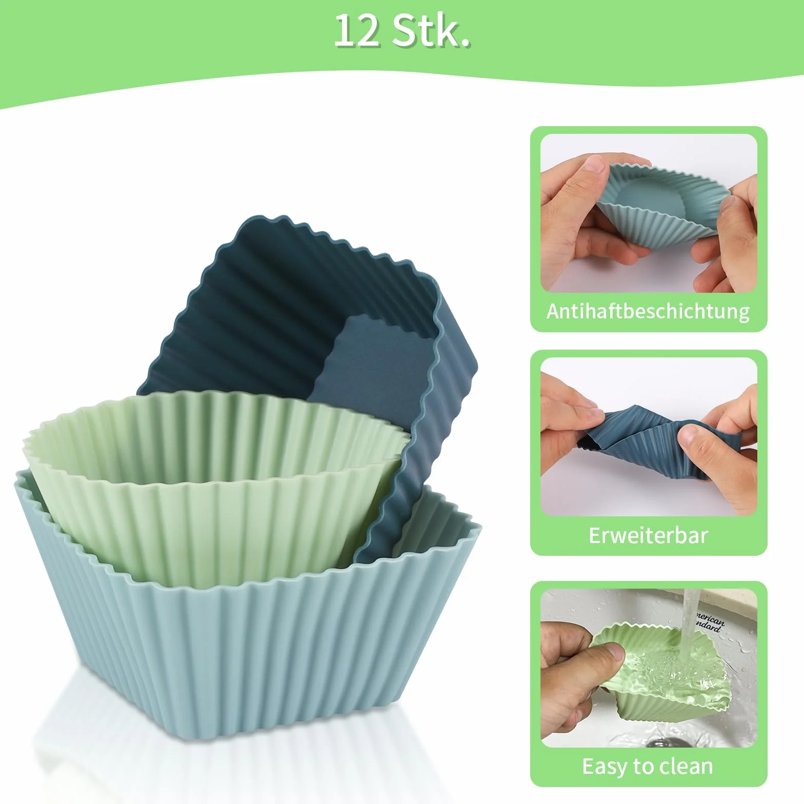 Silikonowe foremki do muffinek, nie zawierają BPA, silikonowe, wielokrotnego użytku, prostokątne/okrągłe, 12 sztuk