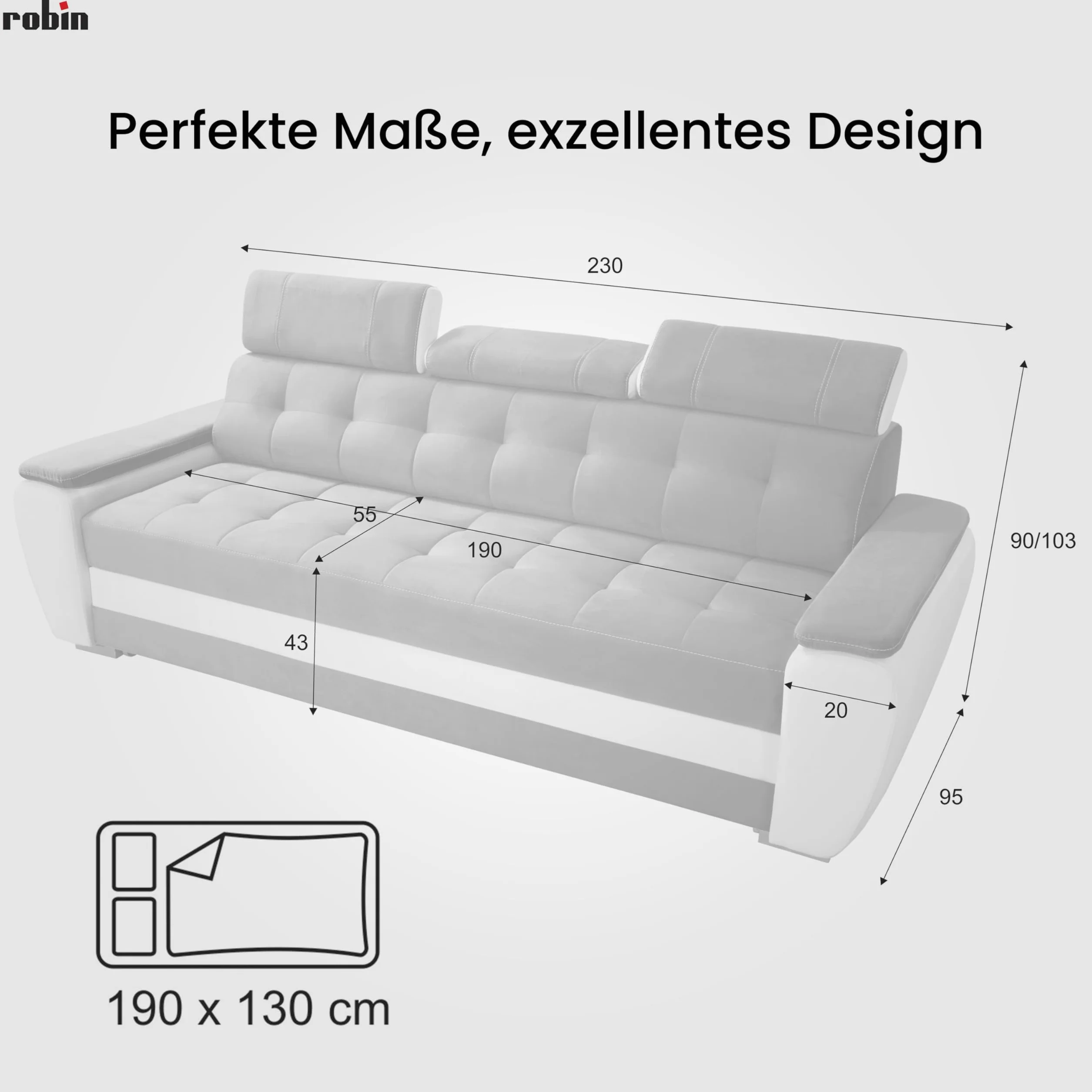 Robin Inspire Diana sofa z funkcją spania 3 regulowane zagłówki
