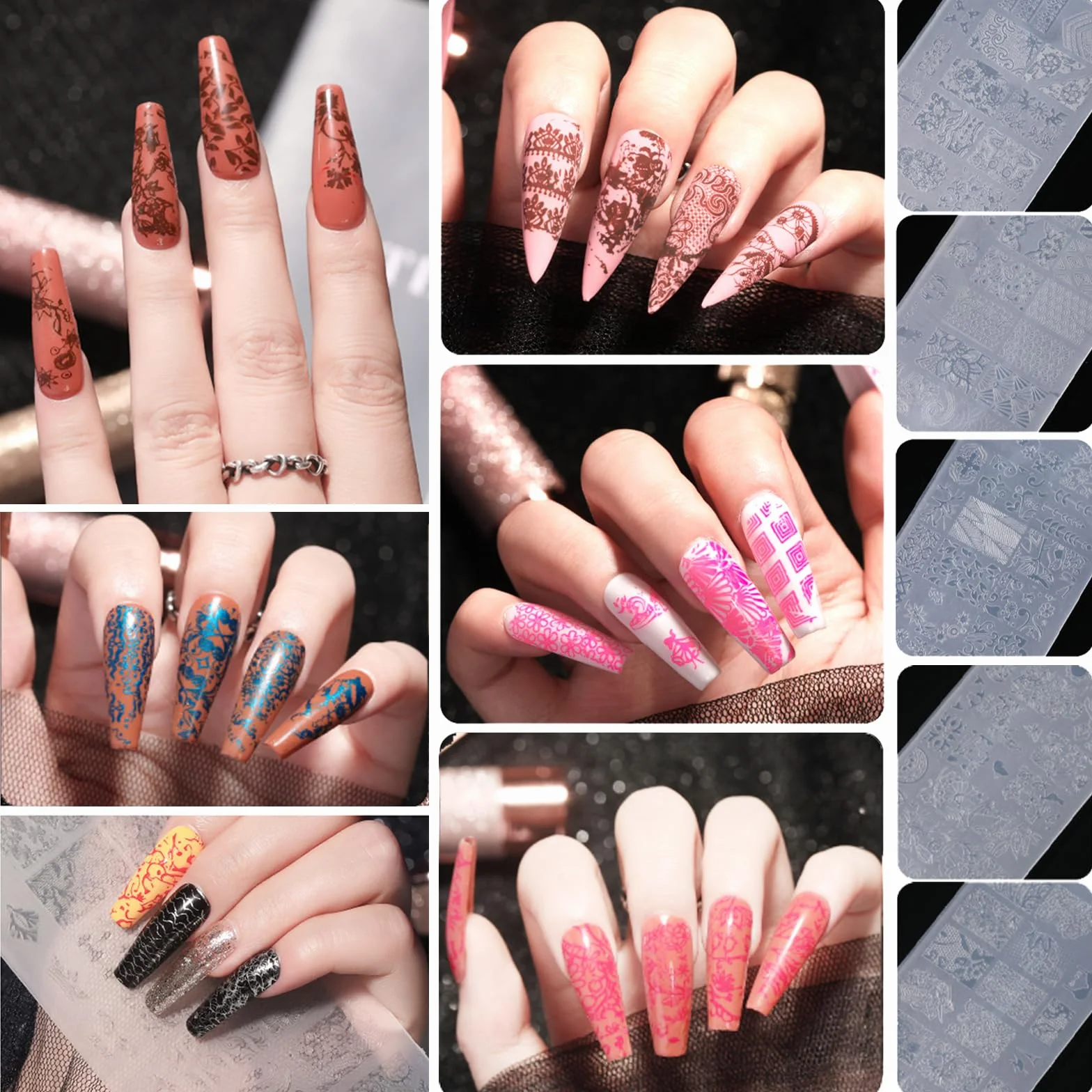 Żelowe szablony do paznokci 9 sztuk z silikonowym piórem panelem do drukowania i gąbką narzędzia do manicure