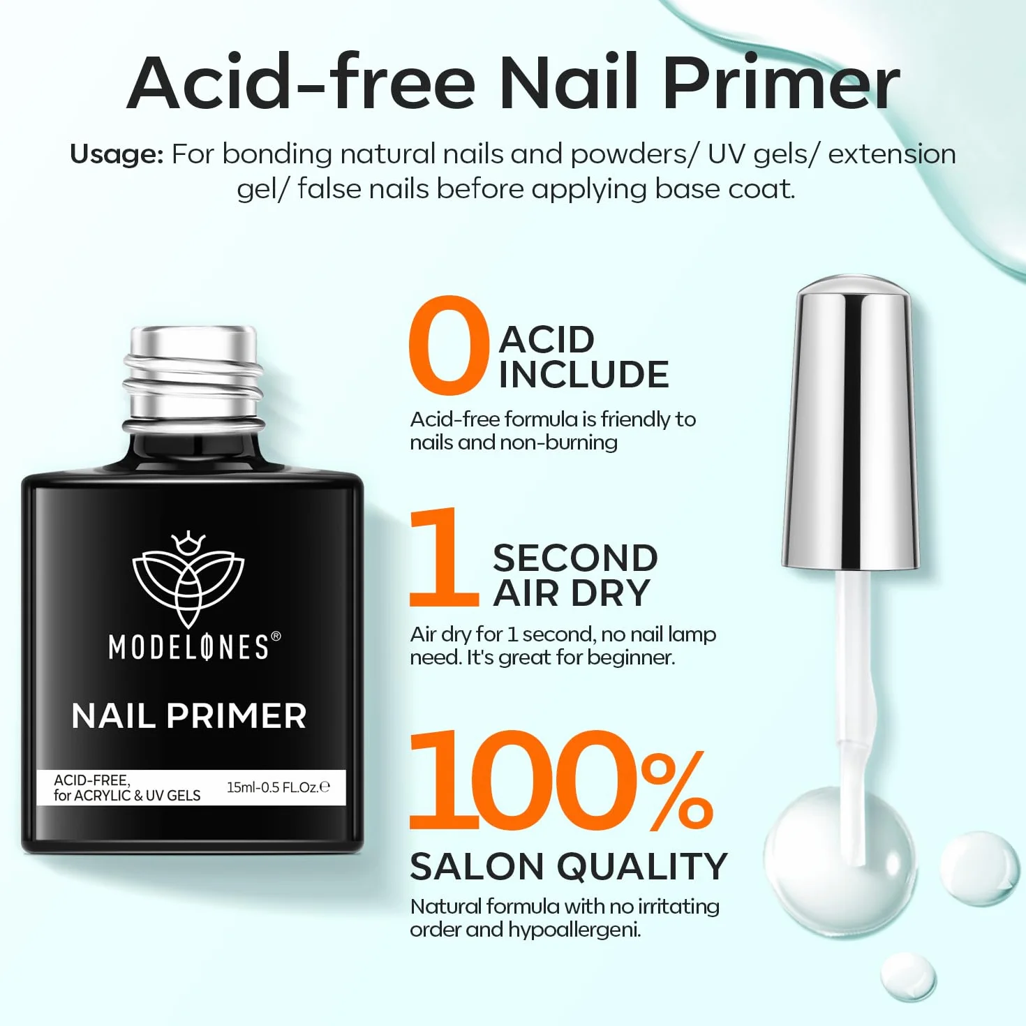 Modelones Primer do paznokci żelowy, odwodniacz, 15 ml, profesjonalny preparat bez kwasu, naturalne powietrze suche, superior bonding zestaw do paznokci, żel UV