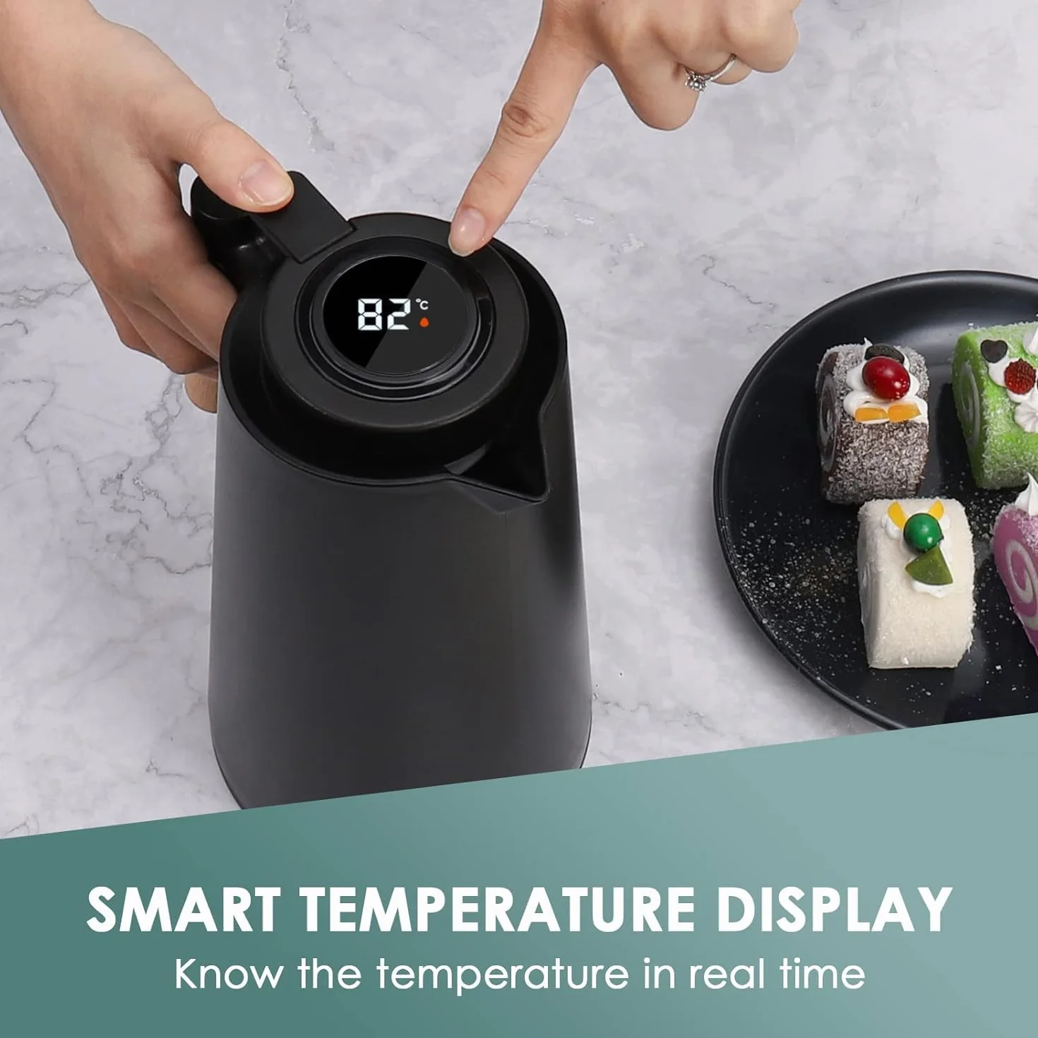 Dreamhigh® Termos 1 l, termos z wyświetlaczem temperatury, dobrze uszczelniony dzbanek do kawy (bez wycieków, bez kapania) – elegancki czarny