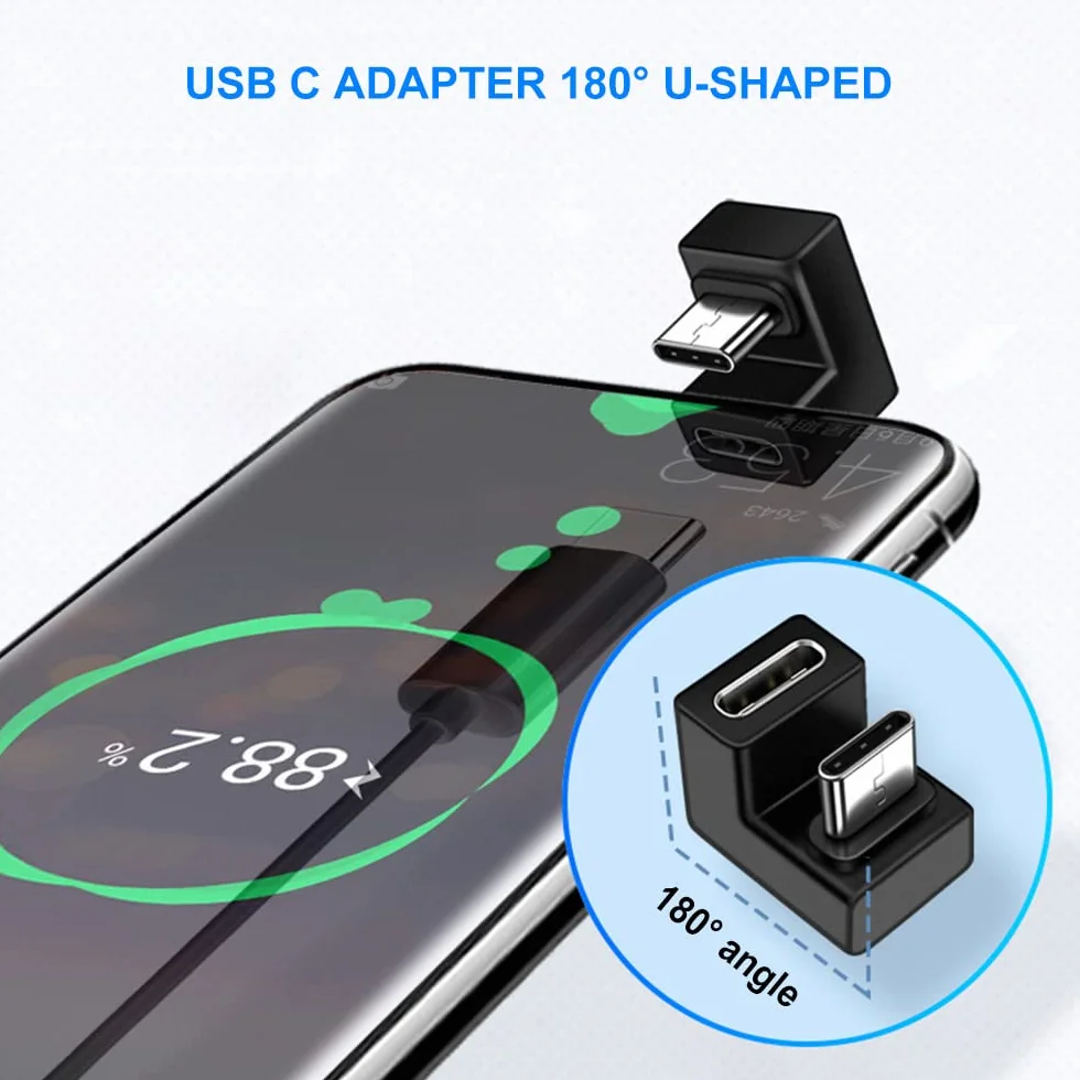 Adapter USB C w kształcie litery U 180 stopni (2 sztuki), USB-C 3.1 żeński adapter kątowy OTG, Kompatybilny z MacBook, Switch, iPhone 17/16/15, iPad, Samsung Galaxy S25 S24 S23 A56 A36 A16, telefonami