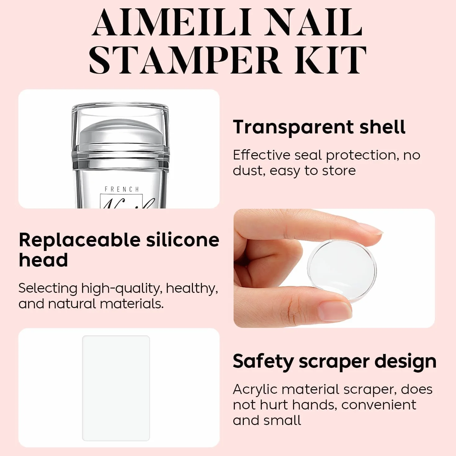 AIMEILI Stempel do paznokci z francuską końcówką, zestaw do stemplowania paznokci, przezroczysty, silikonowy stempel do paznokci, dwustronny, galaretkowy stempel do paznokci ze skrobakami, do manicure