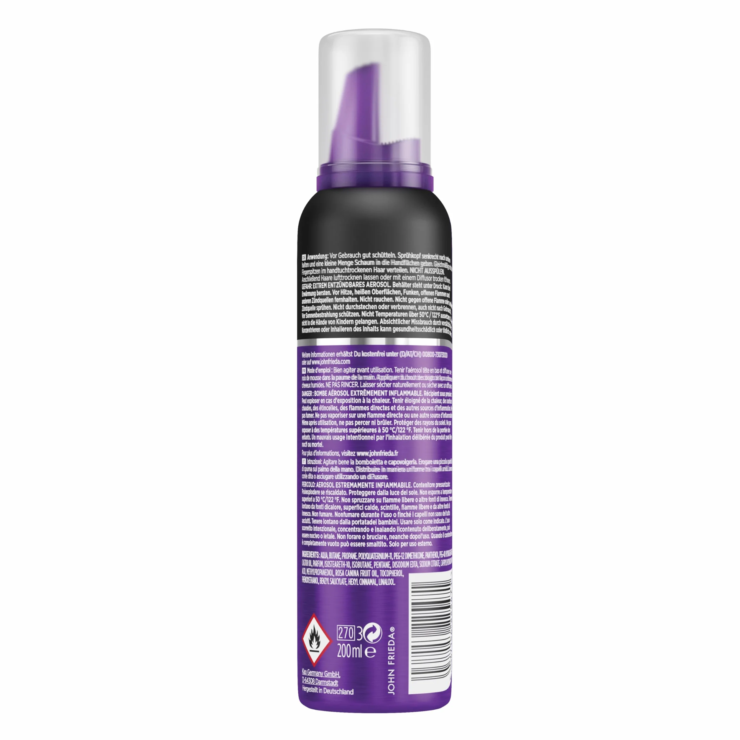 John Frieda Frizz Ease Traum-Lousse Styling Mousse – zawartość: 200 ml – z ochroną przed wysoką temperaturą – definiuje i utrwala loki – blask