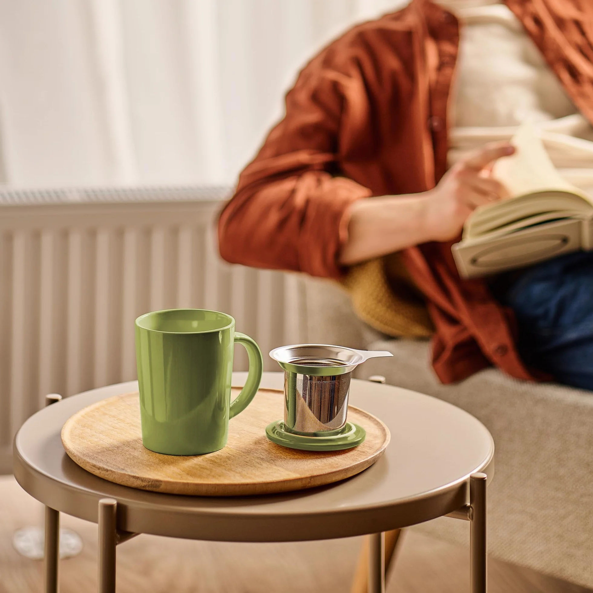 Filiżanka do herbaty ceramiczna z sitkiem i pokrywką 400 ml zieleń matcha