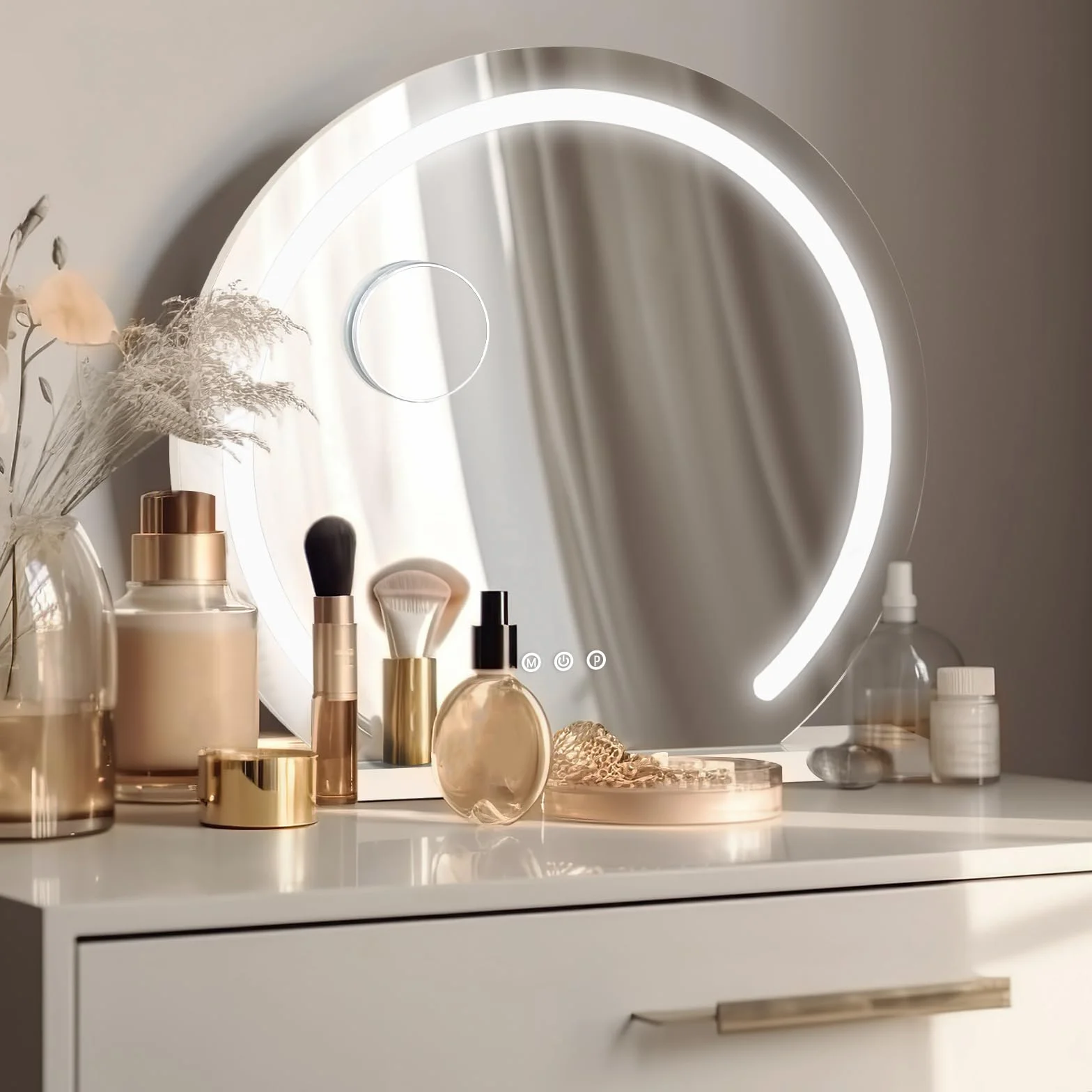 YOURLITE Okrągłe lusterko do makijażu Hollywood D50 cm LED, 3 ściemnialne temperatury barwowe, 10x lupa, USB, montaż naścienny
