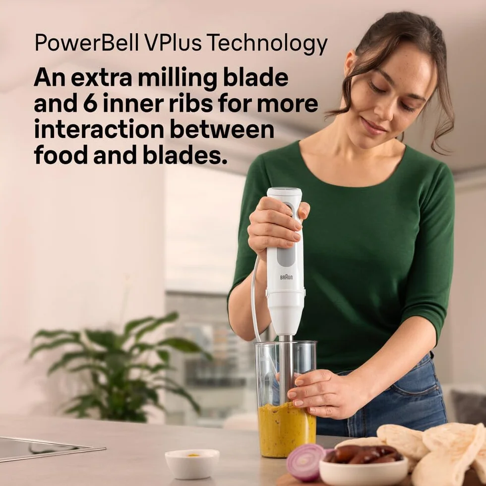 Braun MultiQuick 5 MQ 50001 M, mikser ręczny, z technologią PowerBell Plus, Minipimer, 21 prędkości+Turbo, System Easy Click Plus, ergonomiczny mikser, stalowy wałek, kubek 600 ml, 1000 W, biały